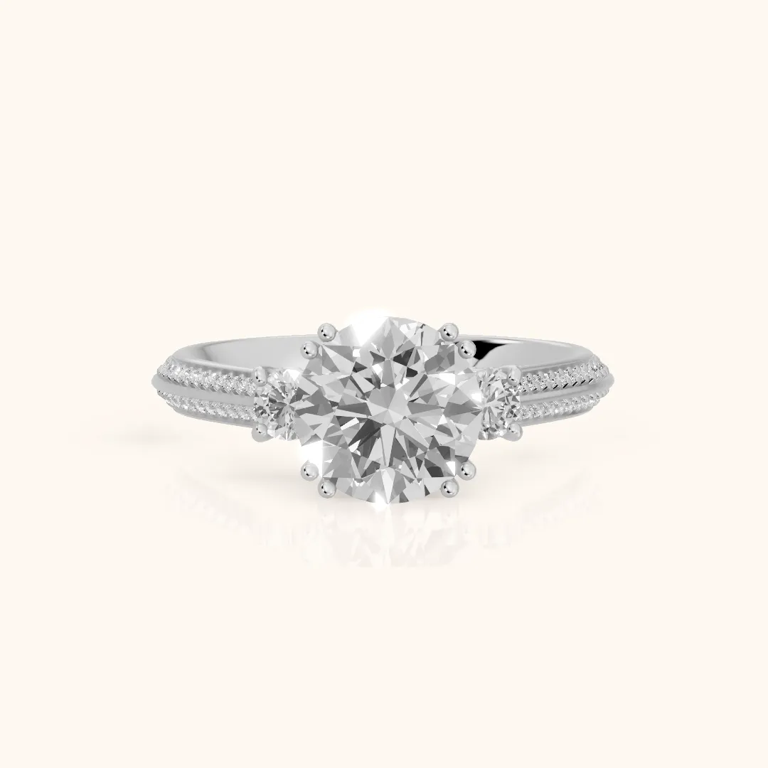 Aspen Three-Stone Knife Edge Round Diamond Engagement Ring in Platinum — view 2