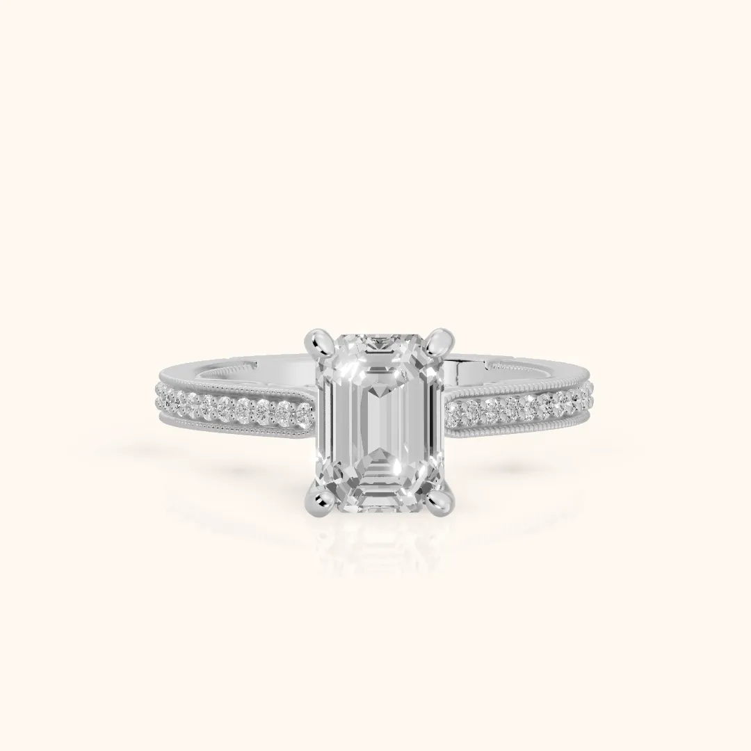 Camellia Milgrain Pavé Emerald Diamond Engagement Ring in Silver — view 2