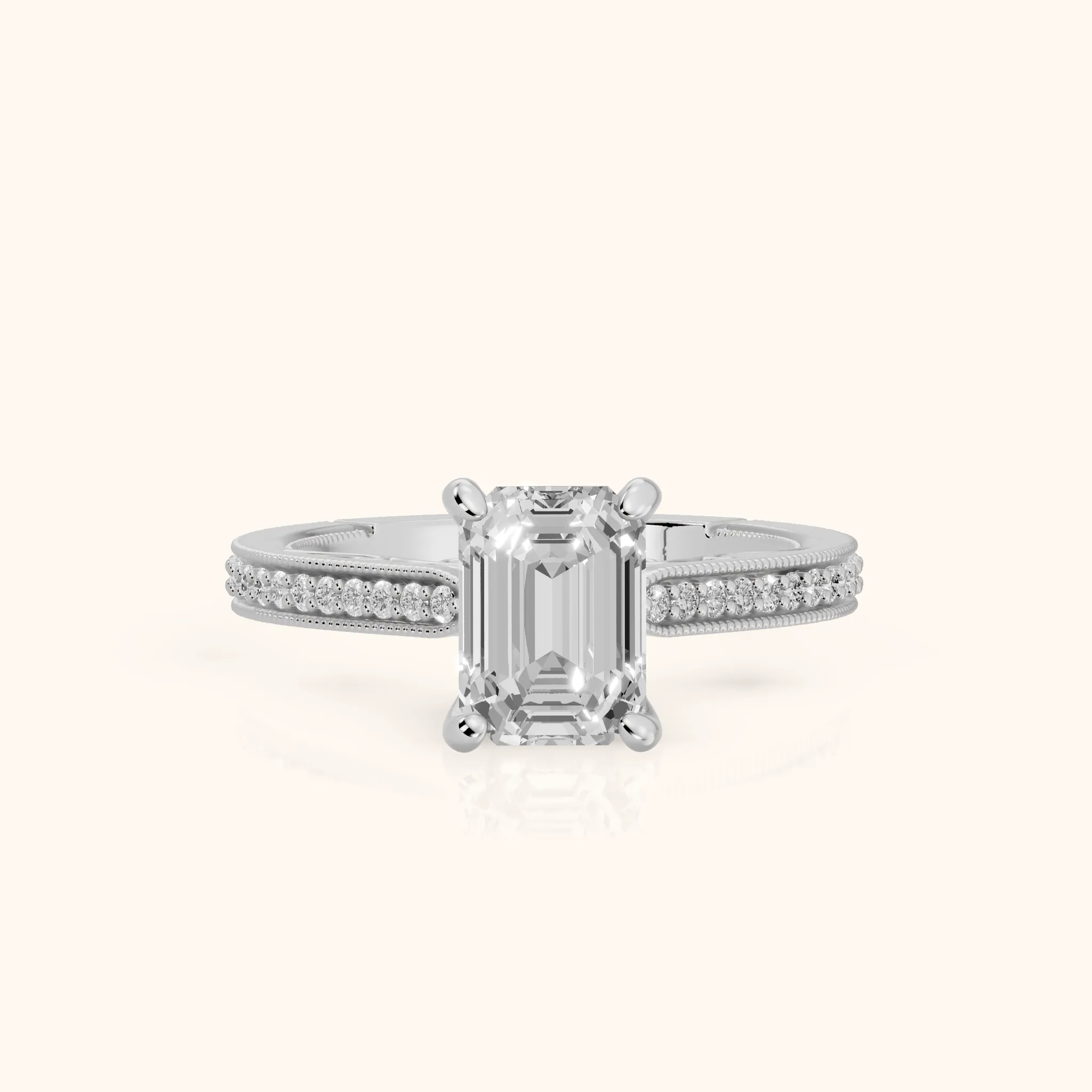 Camellia Milgrain Pavé Emerald Diamond Engagement Ring in Silver — view 1