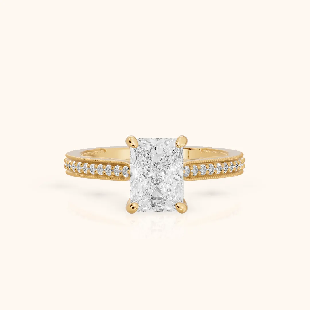 Camellia Milgrain Pavé Radiant Diamond Engagement Ring in Yellow Gold — view 2