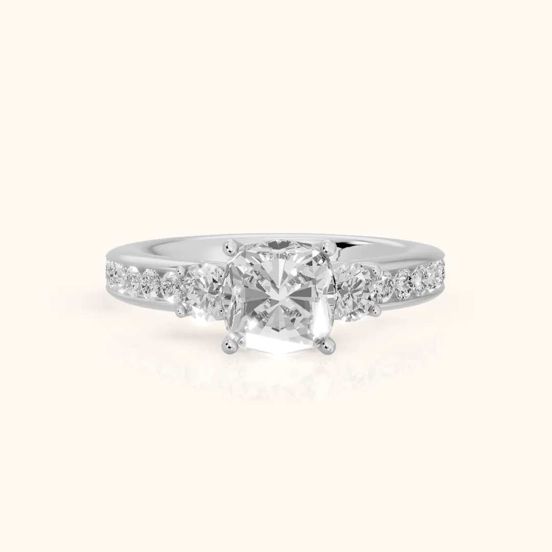Bluebell Three-Stone Channel Set Cushion Diamond Engagement Ring in Silver — view 2