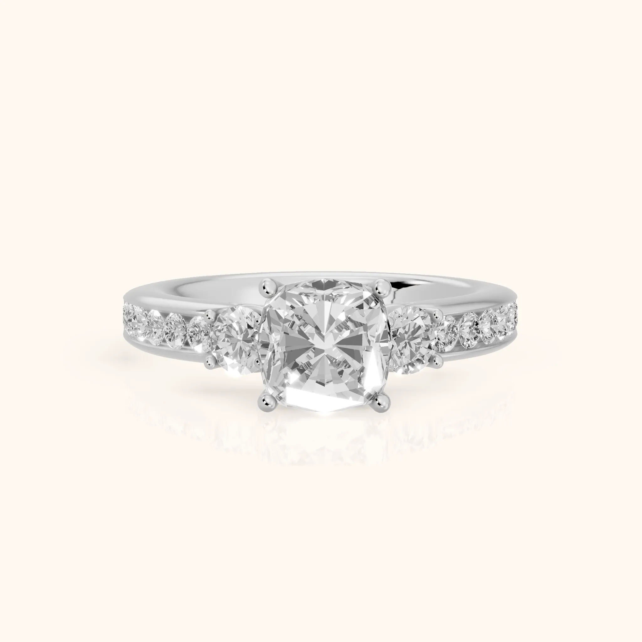 Bluebell Three-Stone Channel Set Cushion Diamond Engagement Ring in Silver — view 1
