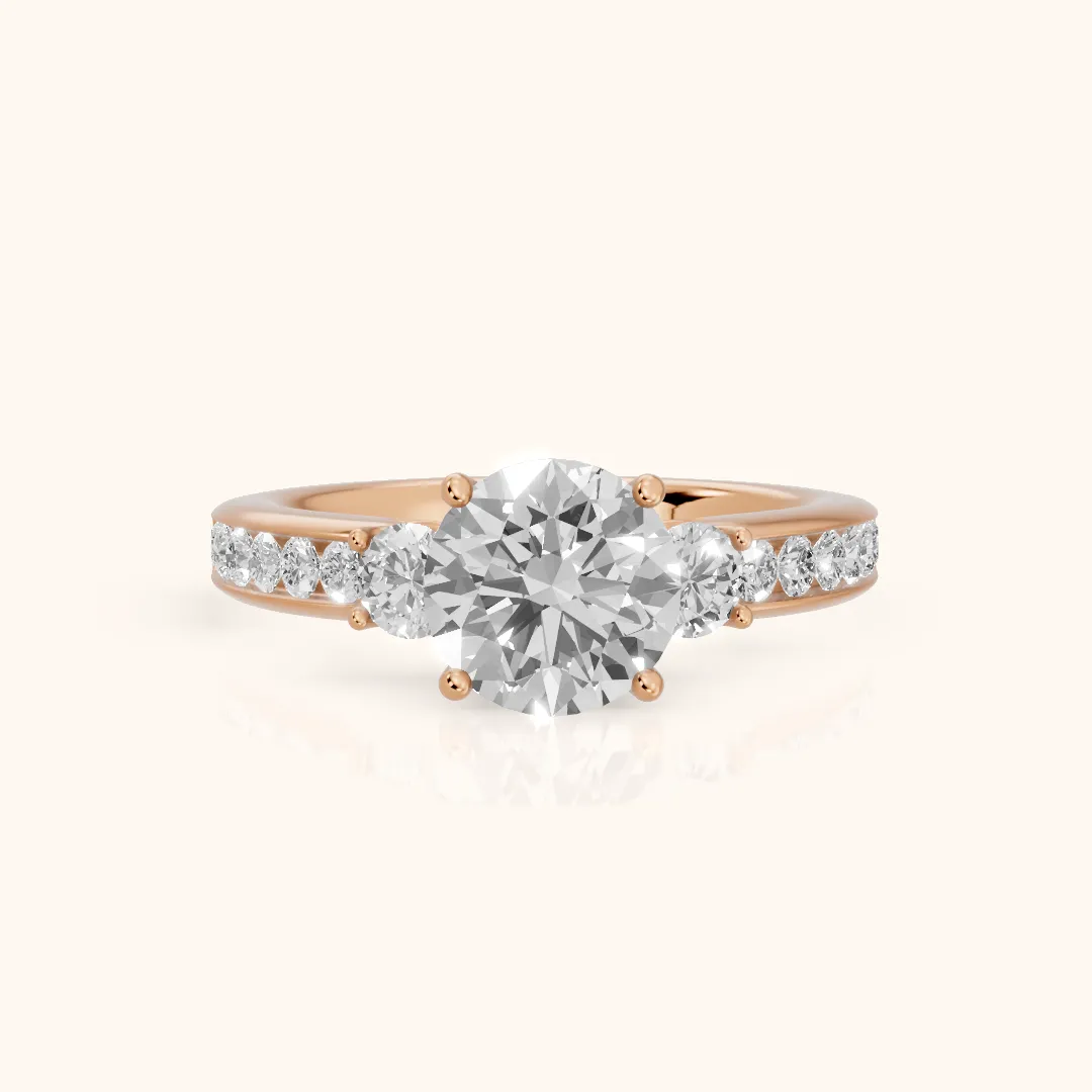 Bluebell Three-Stone Channel Set Round Diamond Engagement Ring in Rose Gold — view 2