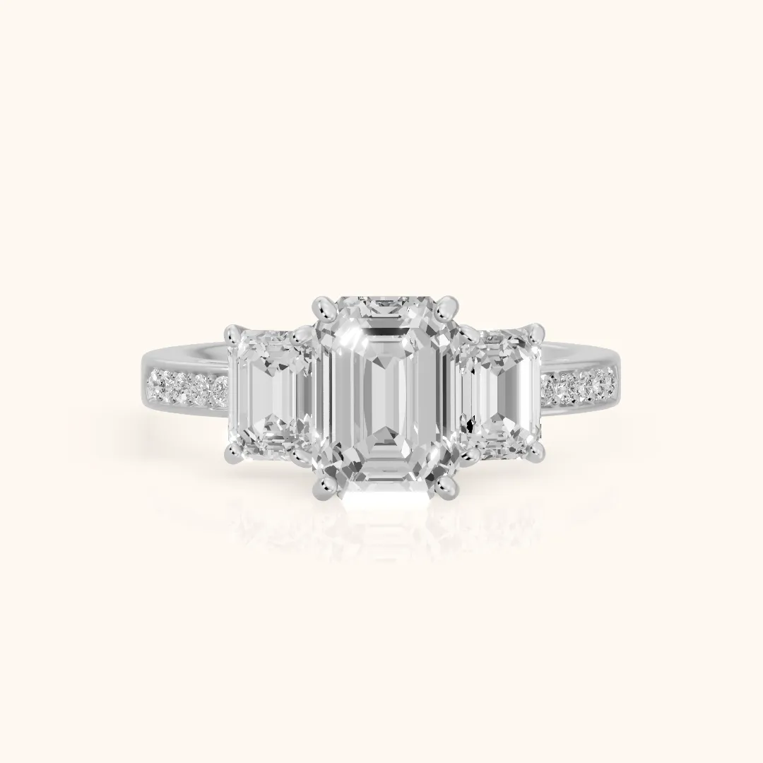 Ariana Three-Stone Pavé Emerald Diamond Engagement Ring in Silver — view 2