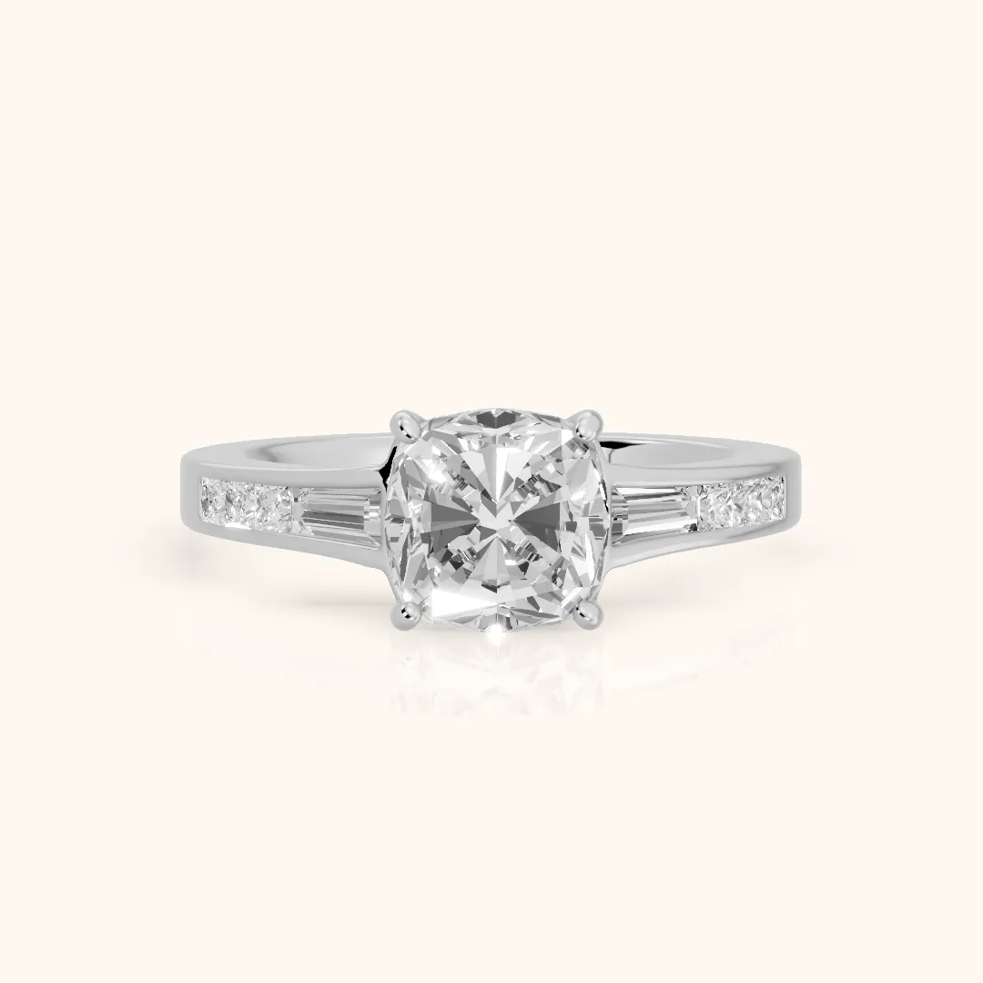 Nathalie Baguette Channel Set Cushion Diamond Engagement Ring in Platinum — view 2