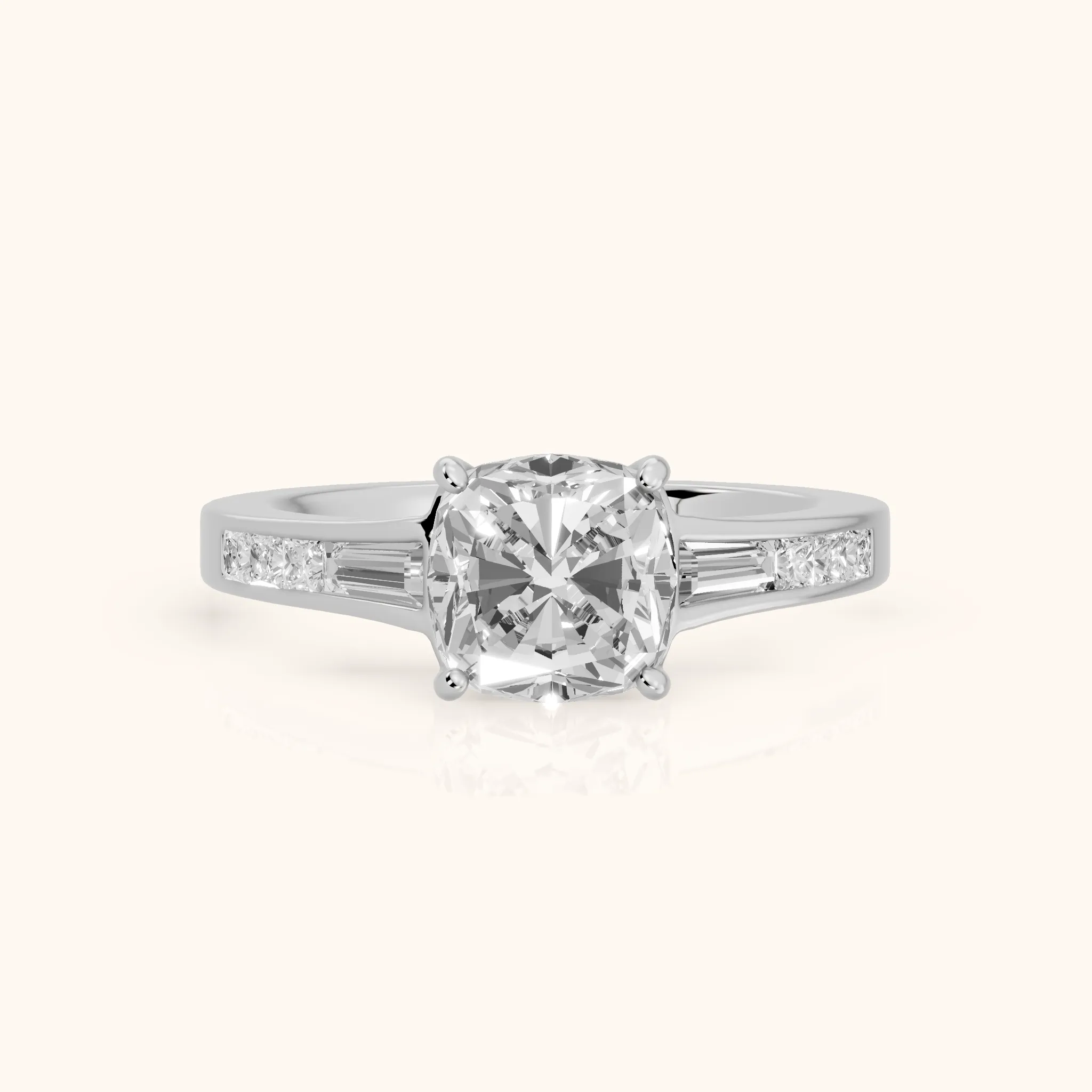 Nathalie Baguette Channel Set Cushion Diamond Engagement Ring in Platinum — view 1