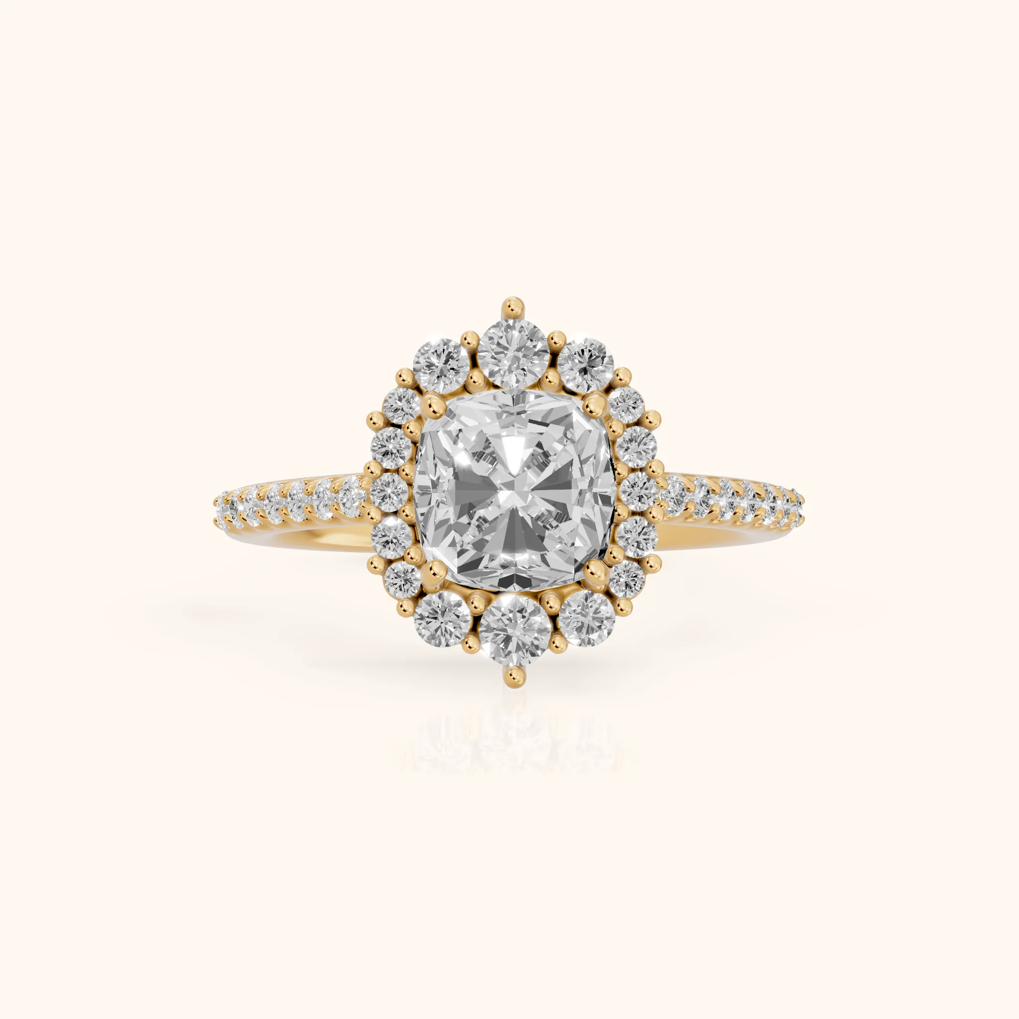 Rowena Graduated Halo Cushion Diamond Engagement Ring in Yellow Gold — view 1