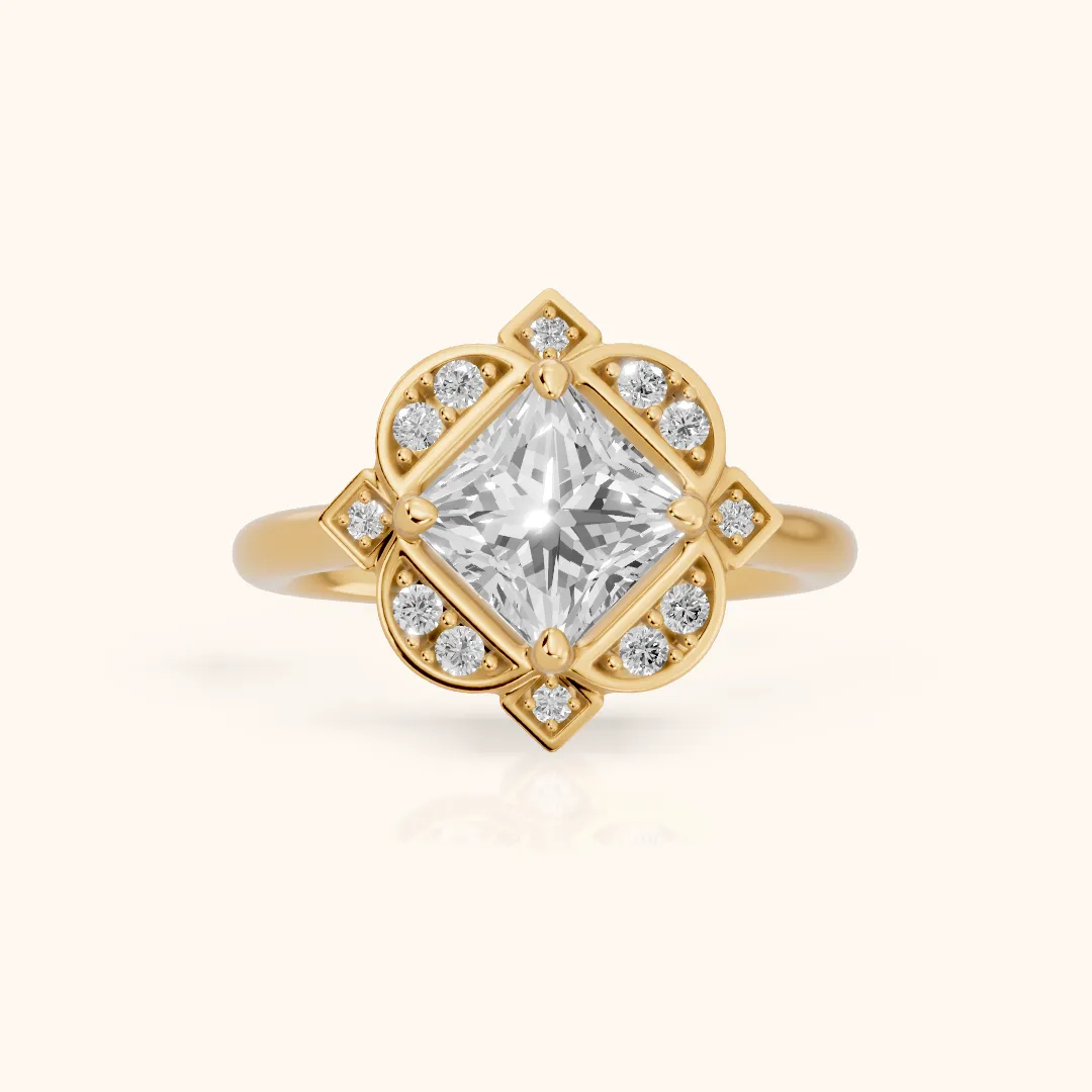 Gwyneth Vintage Floral Princess Diamond Engagement Ring in Yellow Gold — view 2