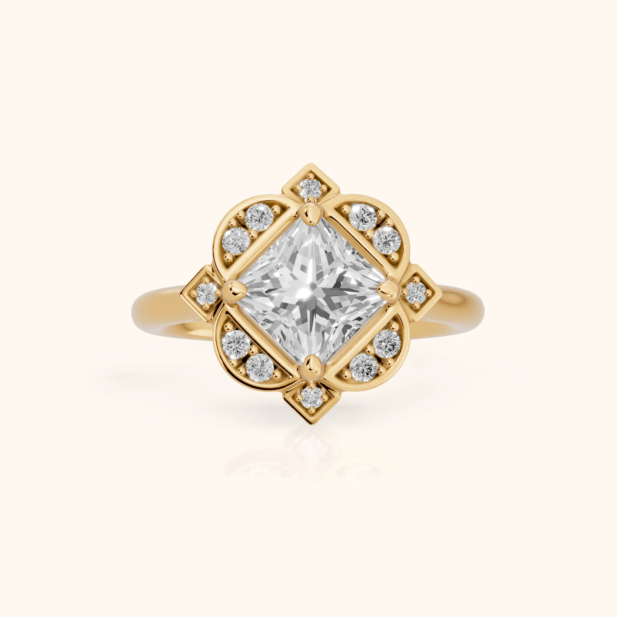 Gwyneth Vintage Floral Princess Diamond Engagement Ring in Yellow Gold — view 1