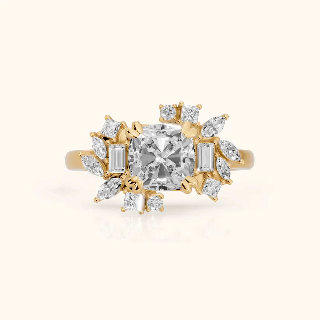Eliana Starburst Cluster Cushion Diamond Engagement Ring in Yellow Gold — view 2