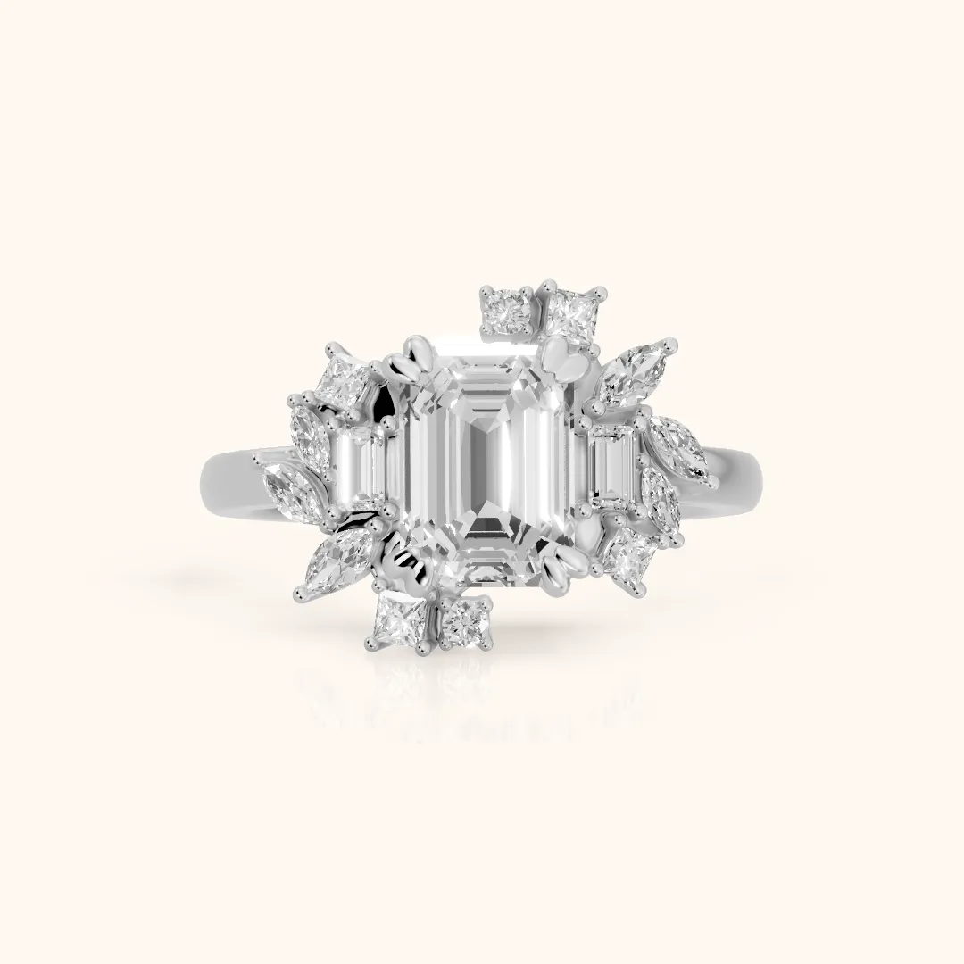 Eliana Starburst Cluster Emerald Diamond Engagement Ring in Silver — view 2