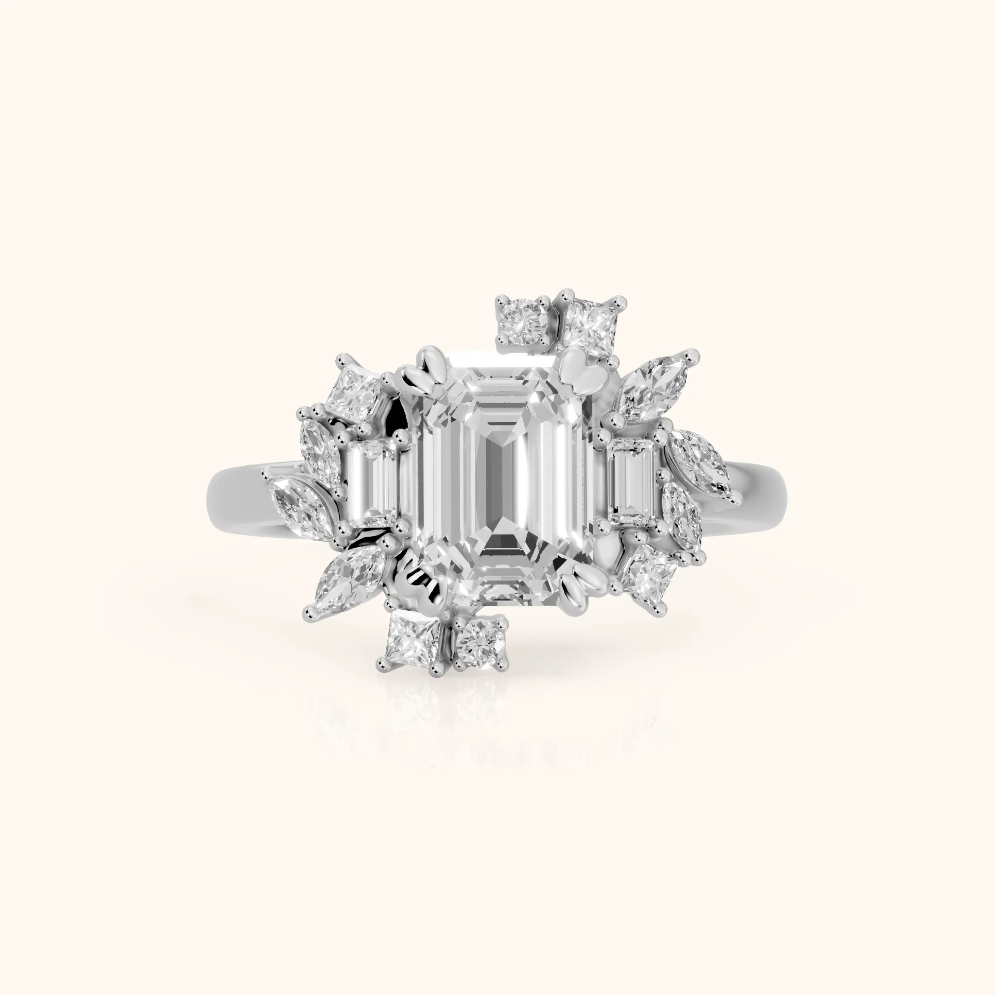 Eliana Starburst Cluster Emerald Diamond Engagement Ring in Silver — view 1