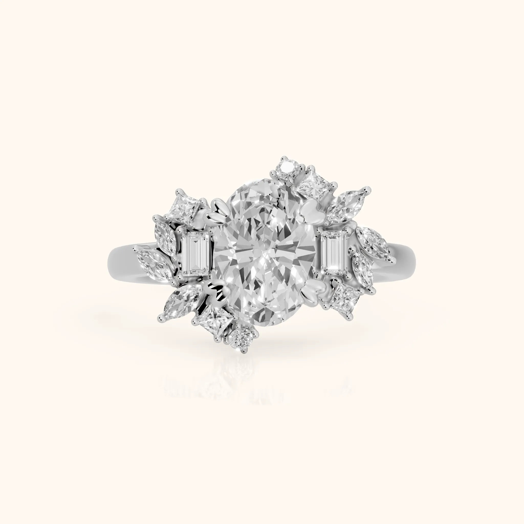 Eliana Starburst Cluster Oval Diamond Engagement Ring in Silver — view 1