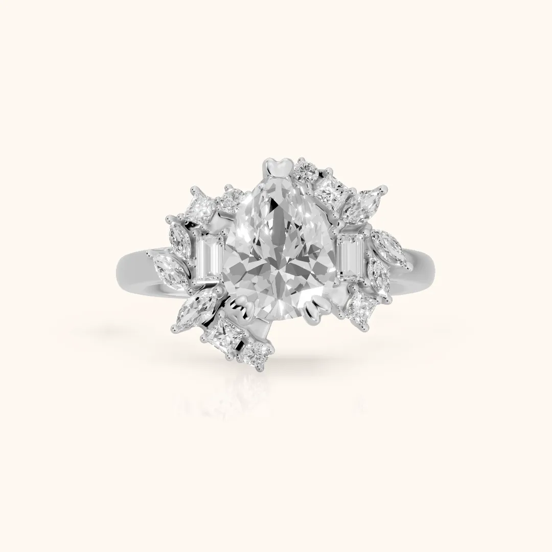 Eliana Starburst Cluster Pear Diamond Engagement Ring in Silver — view 2