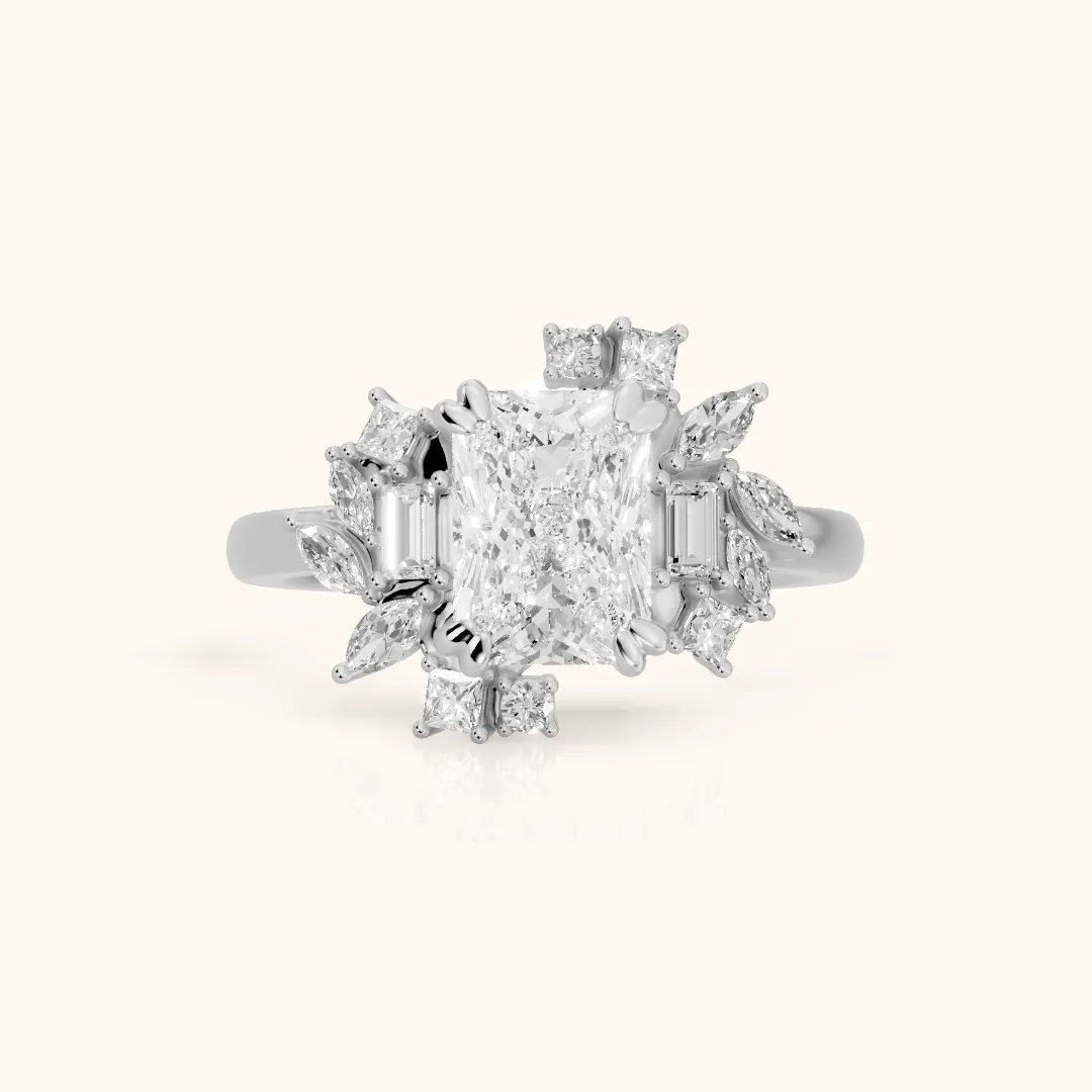Eliana Starburst Cluster Radiant Diamond Engagement Ring in Silver — view 2