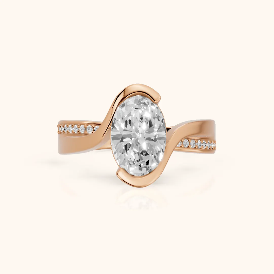 Solene Half Bezel Bypass Oval Diamond Engagement Ring in Rose Gold — view 2
