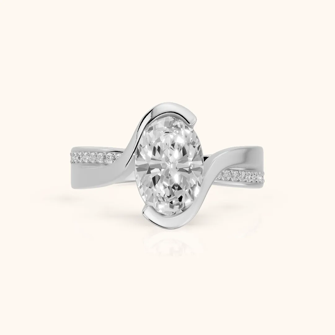 Solene Half Bezel Bypass Oval Diamond Engagement Ring in White Gold — view 2