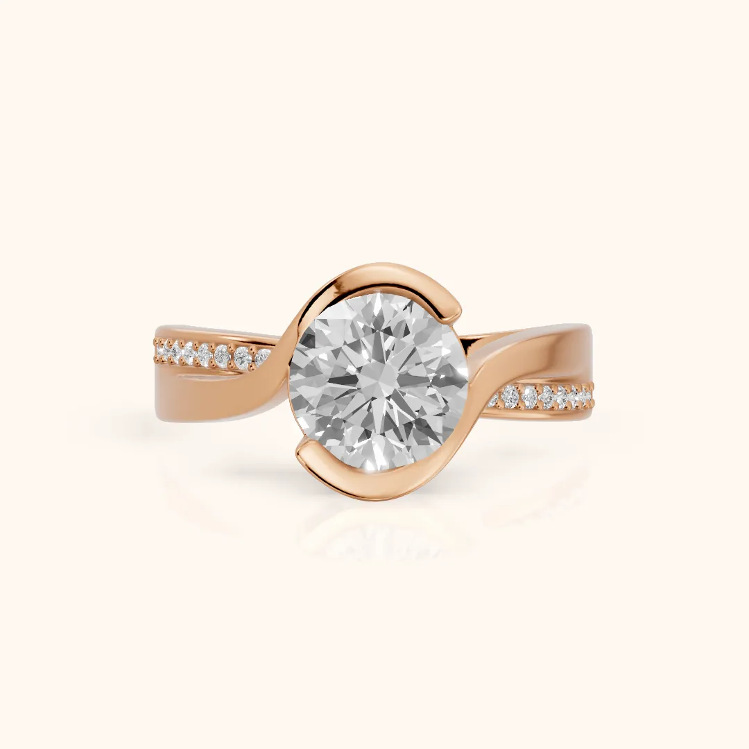 Solene Half Bezel Bypass Round Diamond Engagement Ring in Rose Gold — view 2