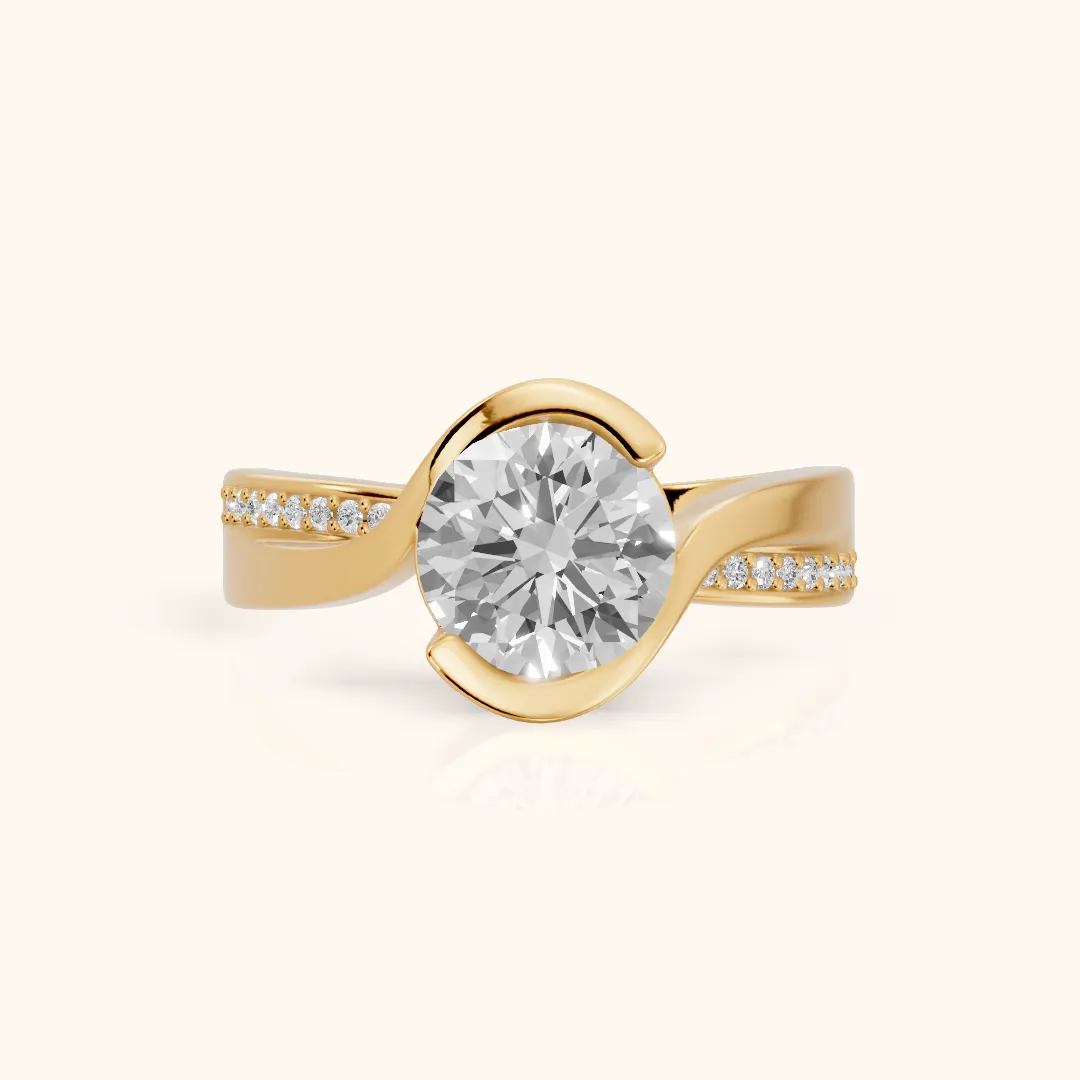 Solene Half Bezel Bypass Round Diamond Engagement Ring in Yellow Gold — view 2
