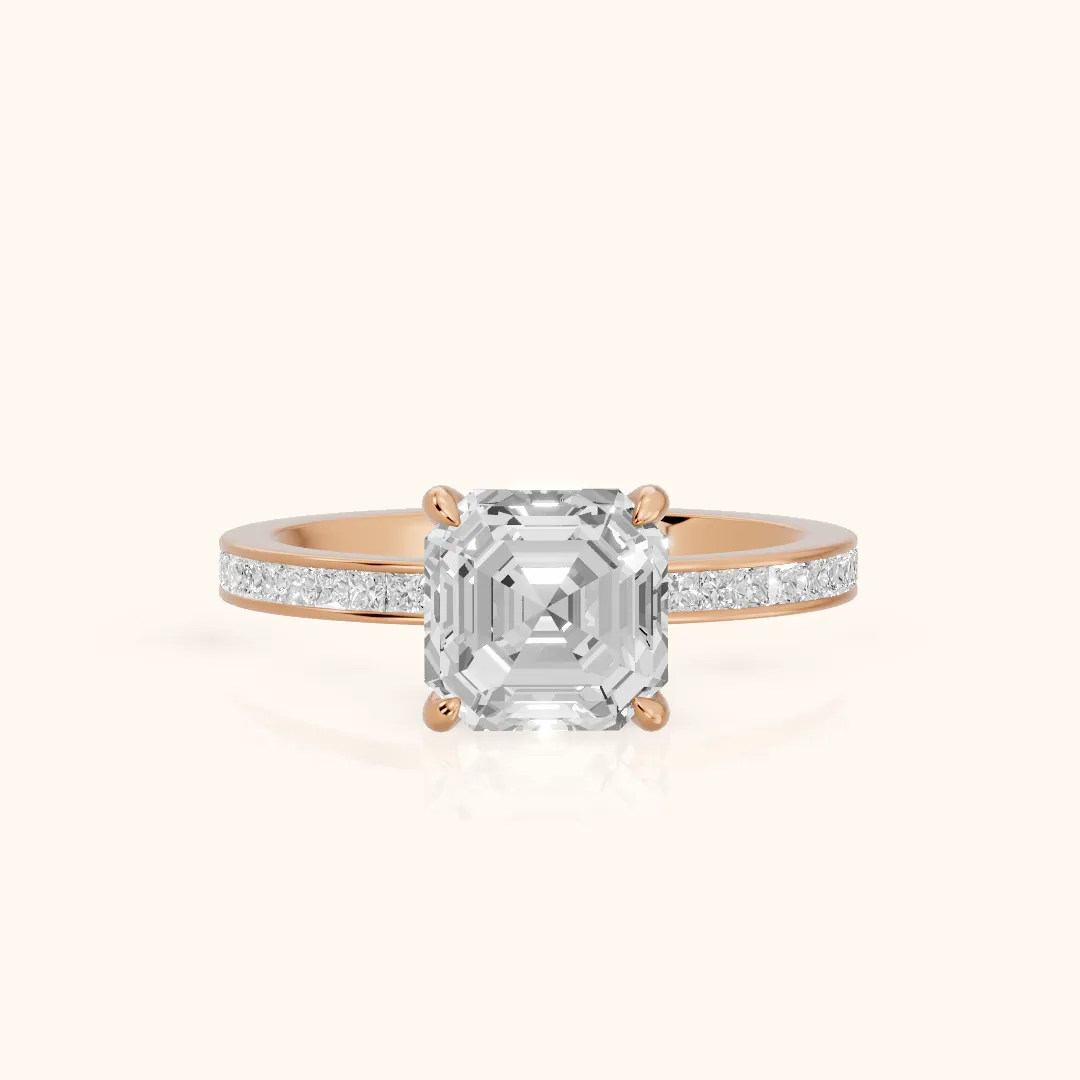 Freja Channel Set Asscher Diamond Engagement Ring in Rose Gold — view 2