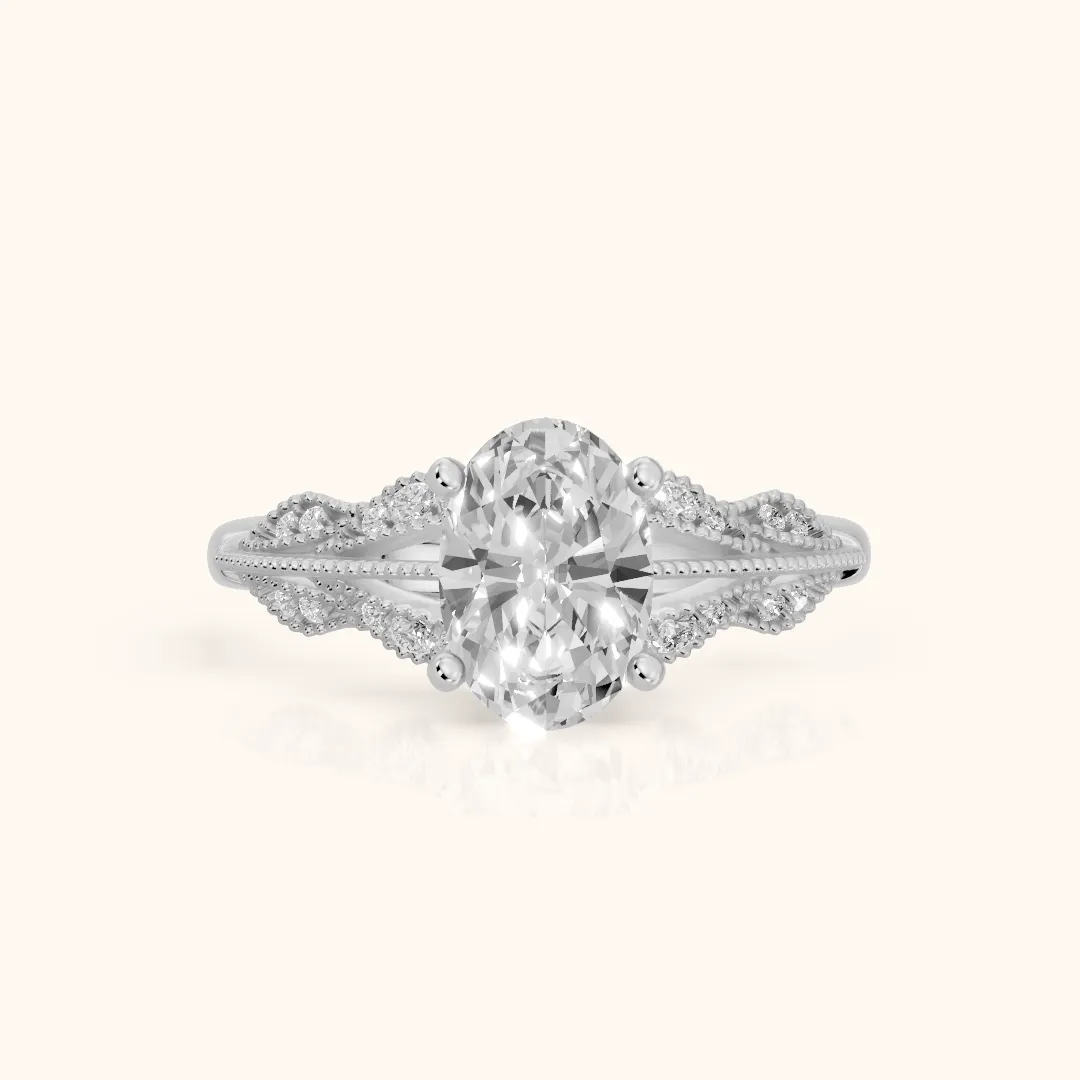 Maja Vintage Floral Oval Diamond Engagement Ring in White Gold — view 2