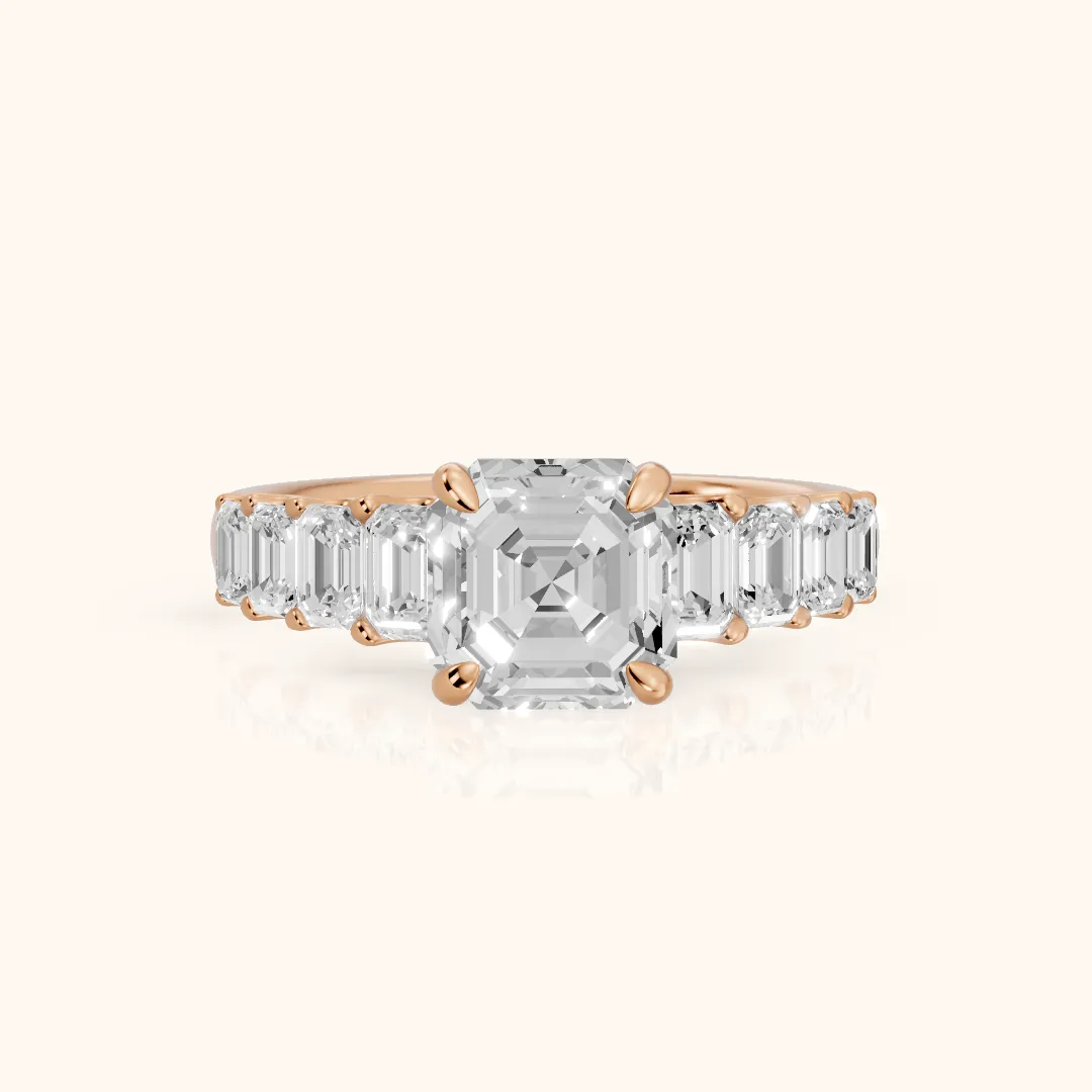 Lana Graduated Baguette Asscher Diamond Engagement Ring in Rose Gold — view 2