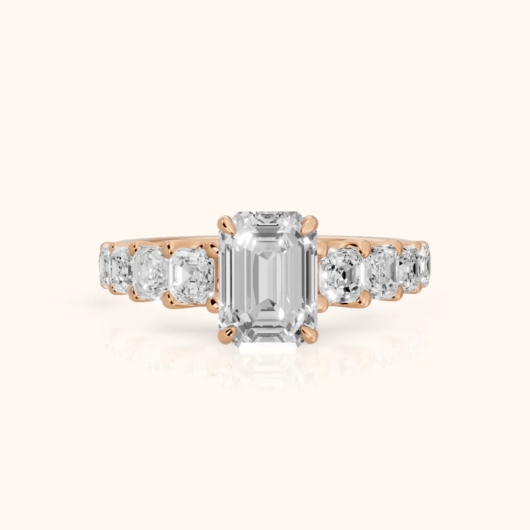 Sonja Graduated Pavé Emerald Diamond Engagement Ring in Rose Gold — view 2