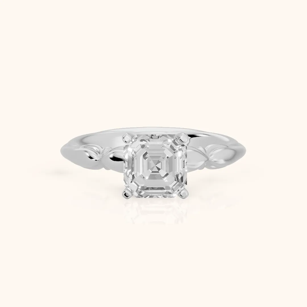 Verena Engraved Leaf Asscher Diamond Engagement Ring in Silver — view 2