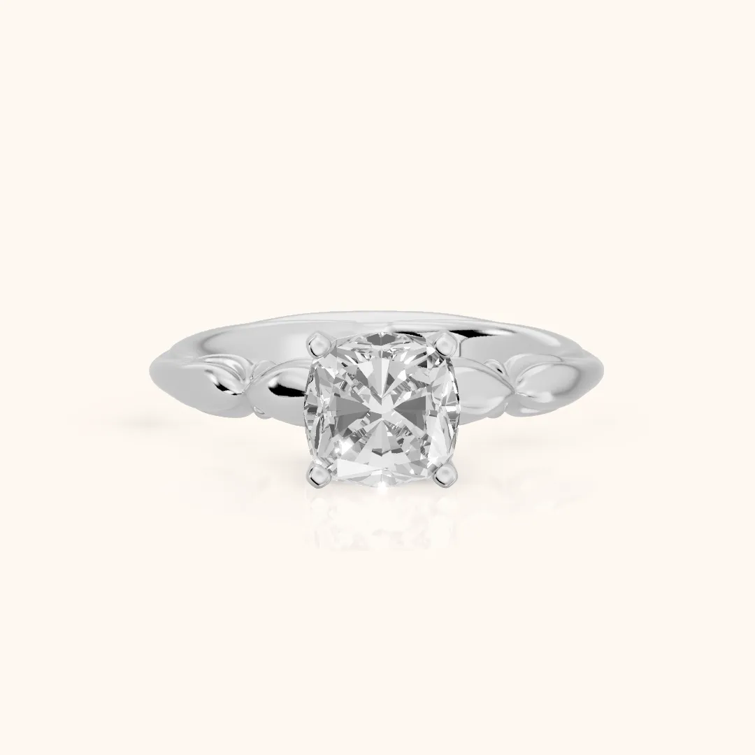 Verena Engraved Leaf Cushion Diamond Engagement Ring in Platinum — view 2