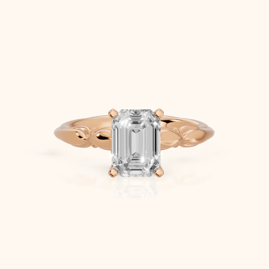 Verena Engraved Leaf Emerald Diamond Engagement Ring in Rose Gold — view 2