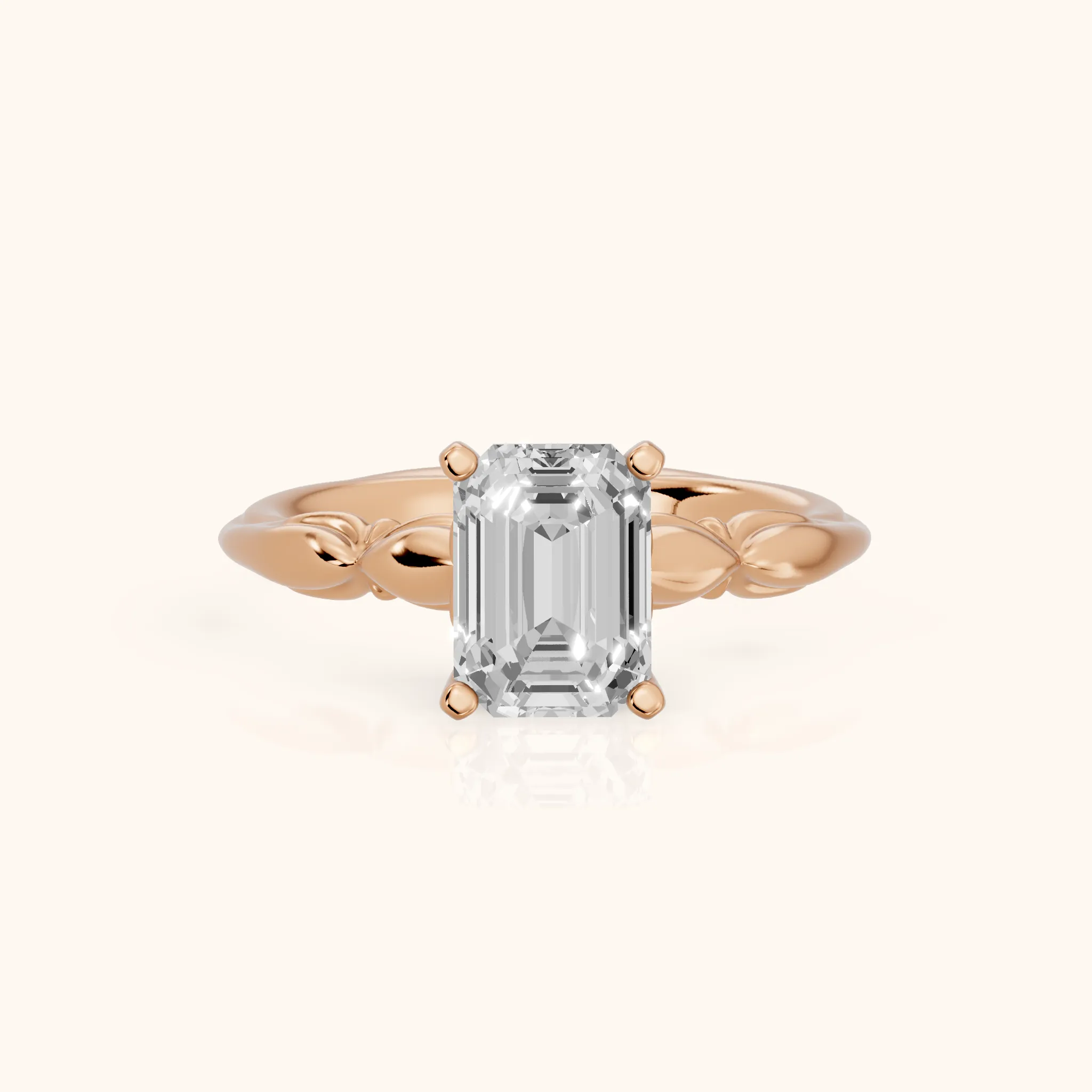 Verena Engraved Leaf Emerald Diamond Engagement Ring in Rose Gold — view 1