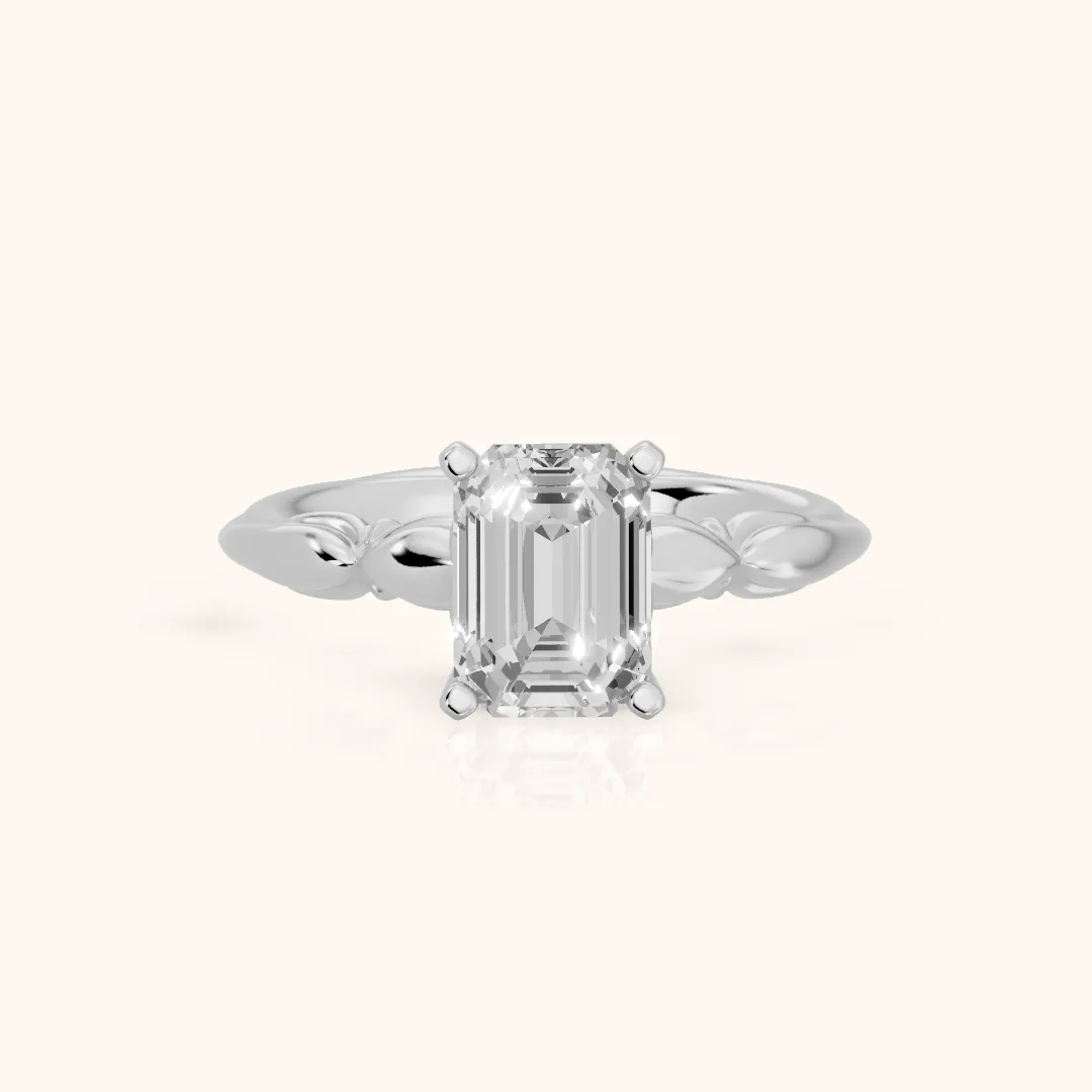 Verena Engraved Leaf Emerald Diamond Engagement Ring in Silver — view 2