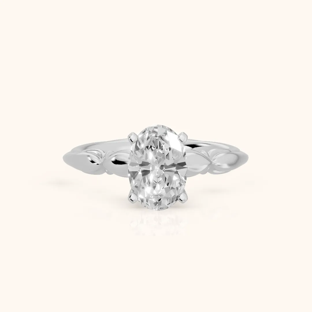 Verena Engraved Leaf Oval Diamond Engagement Ring in Silver — view 2