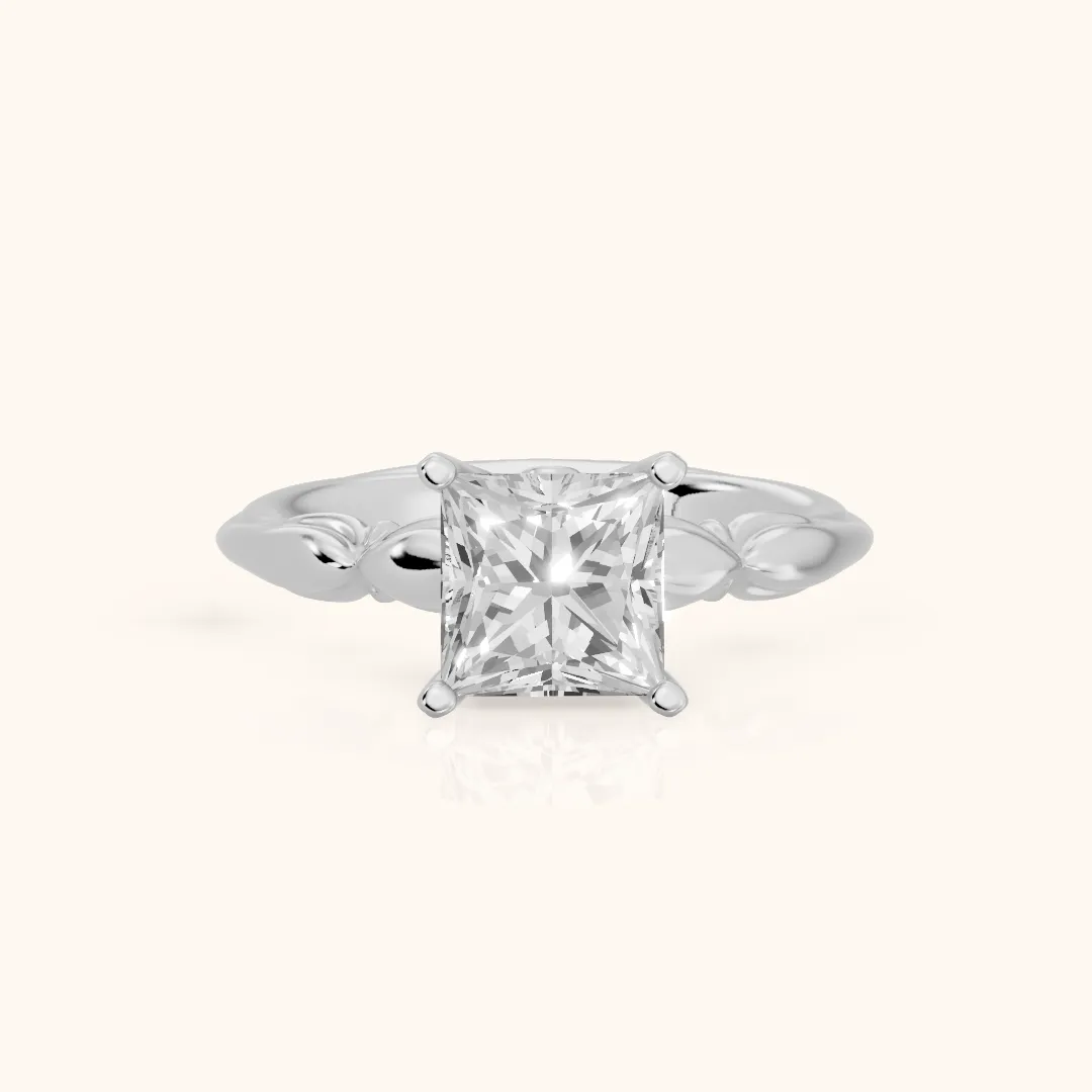 Verena Engraved Leaf Princess Diamond Engagement Ring in Platinum — view 2