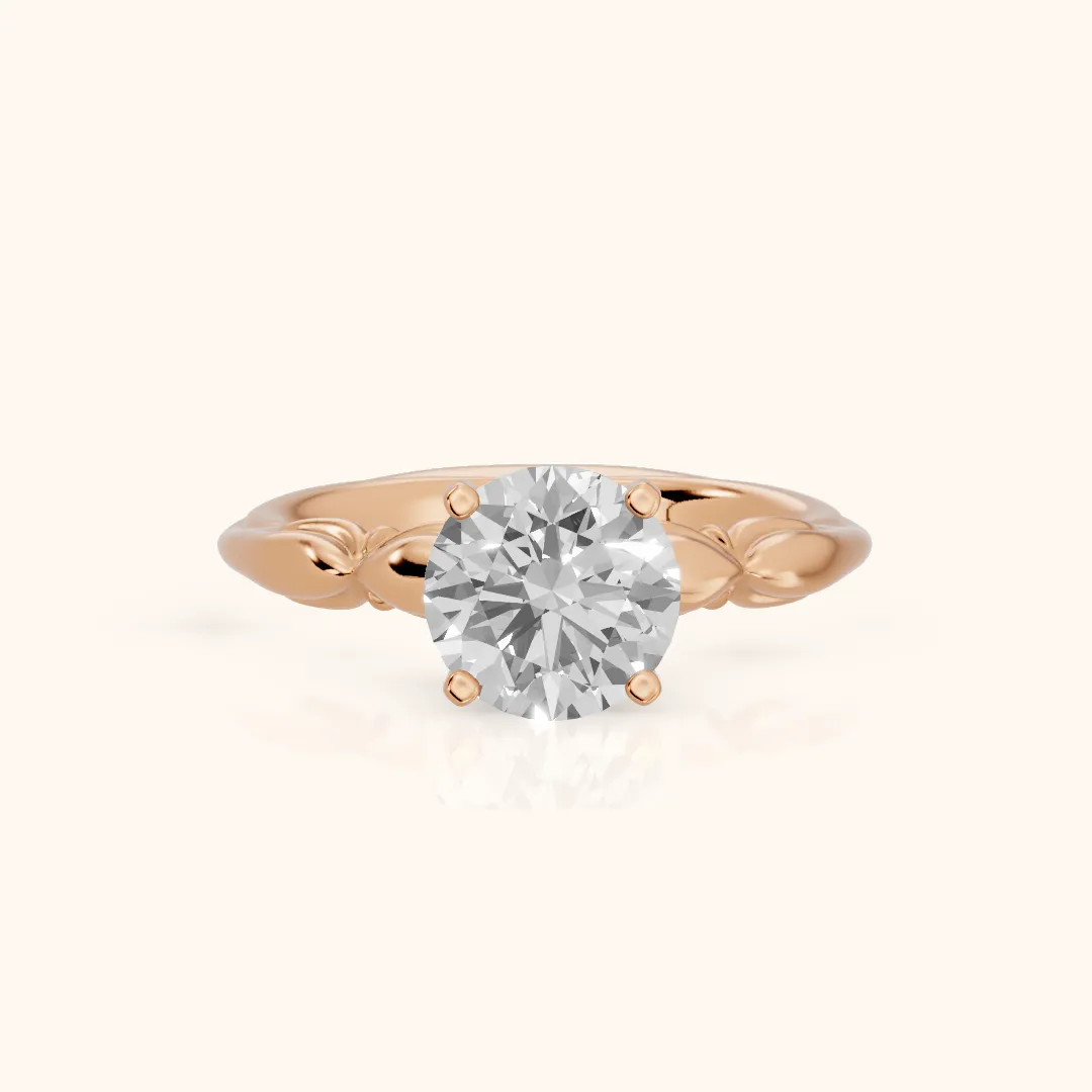 Verena Engraved Leaf Round Diamond Engagement Ring in Rose Gold — view 2