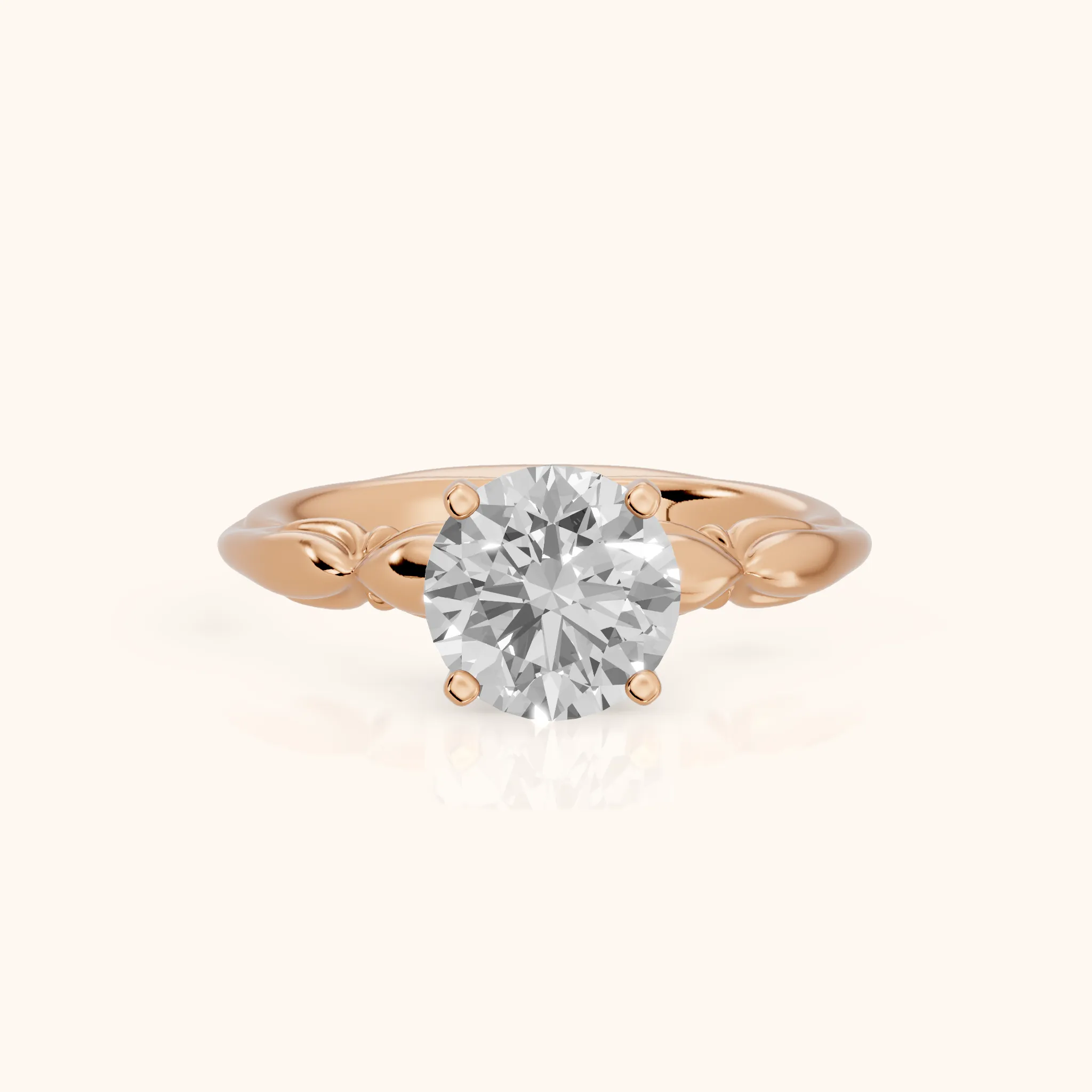 Verena Engraved Leaf Round Diamond Engagement Ring in Rose Gold — view 1