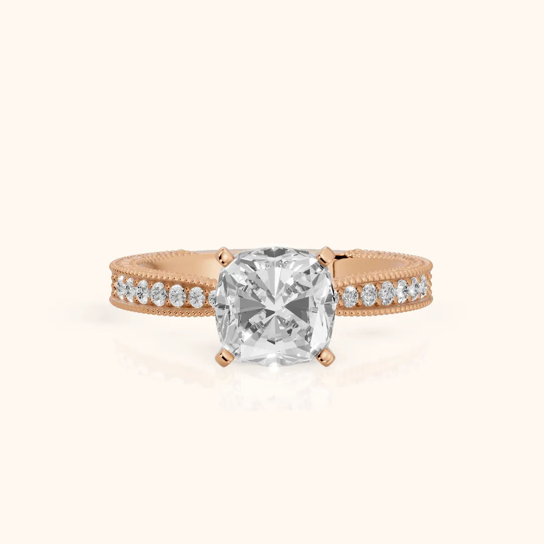 Inga Vintage Engraved Cushion Diamond Engagement Ring in Rose Gold — view 2