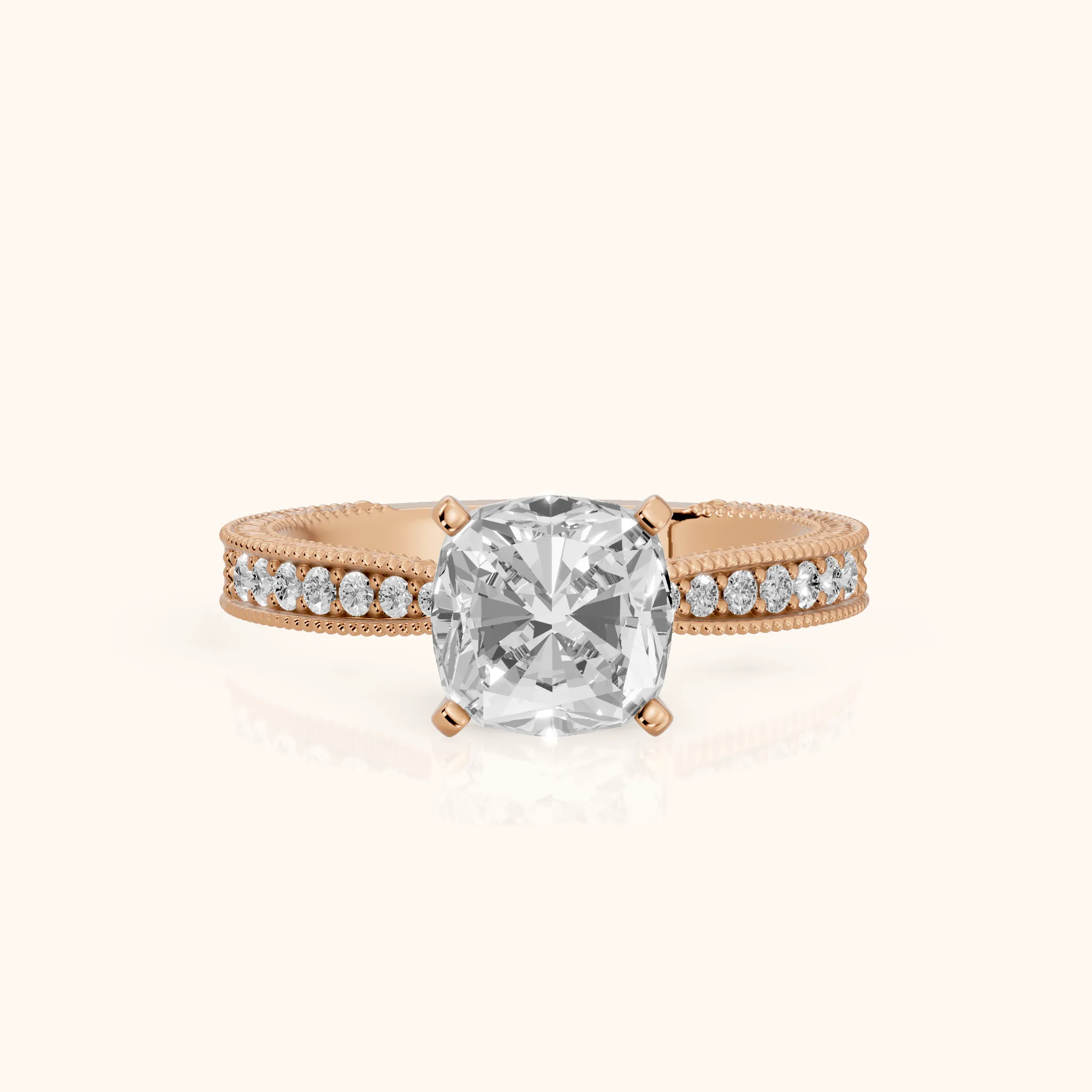 Inga Vintage Engraved Cushion Diamond Engagement Ring in Rose Gold — view 1