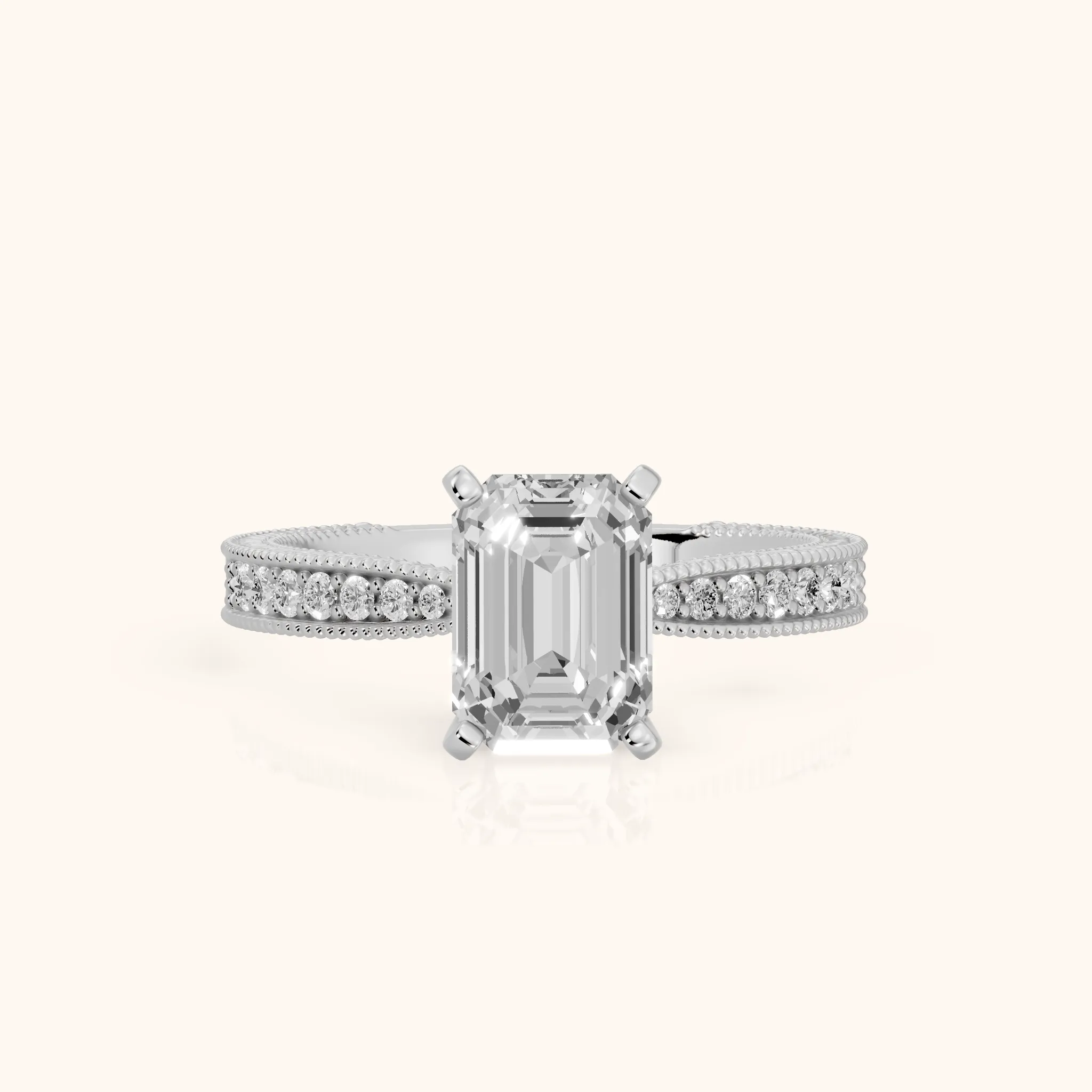 Inga Vintage Engraved Emerald Diamond Engagement Ring in Silver — view 1
