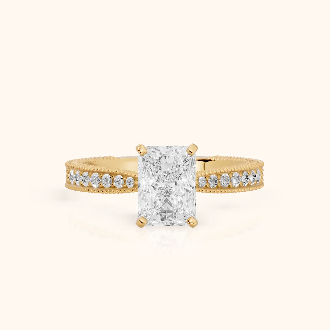 Inga Vintage Engraved Radiant Diamond Engagement Ring in Yellow Gold — view 2
