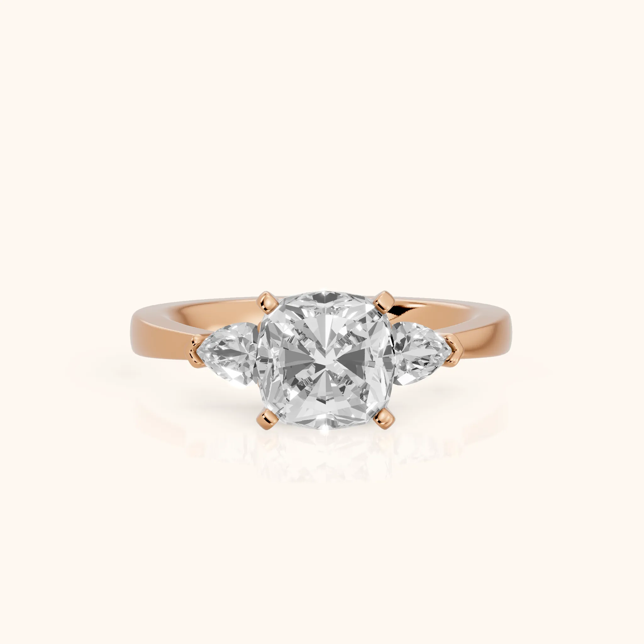 Amabel Three-Stone Cushion Diamond Engagement Ring in Rose Gold — view 1