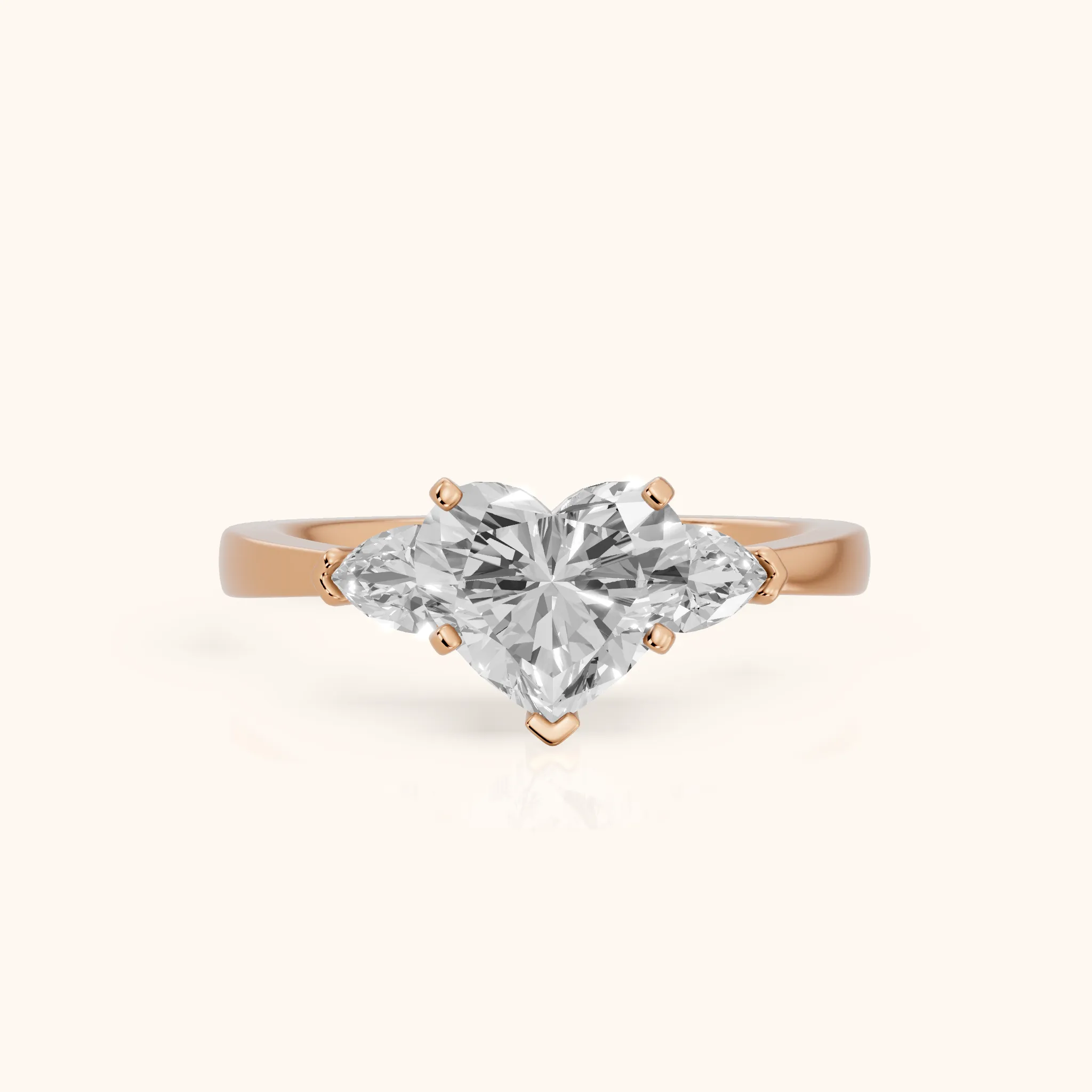 Amabel Three-Stone Heart Diamond Engagement Ring in Rose Gold — view 1