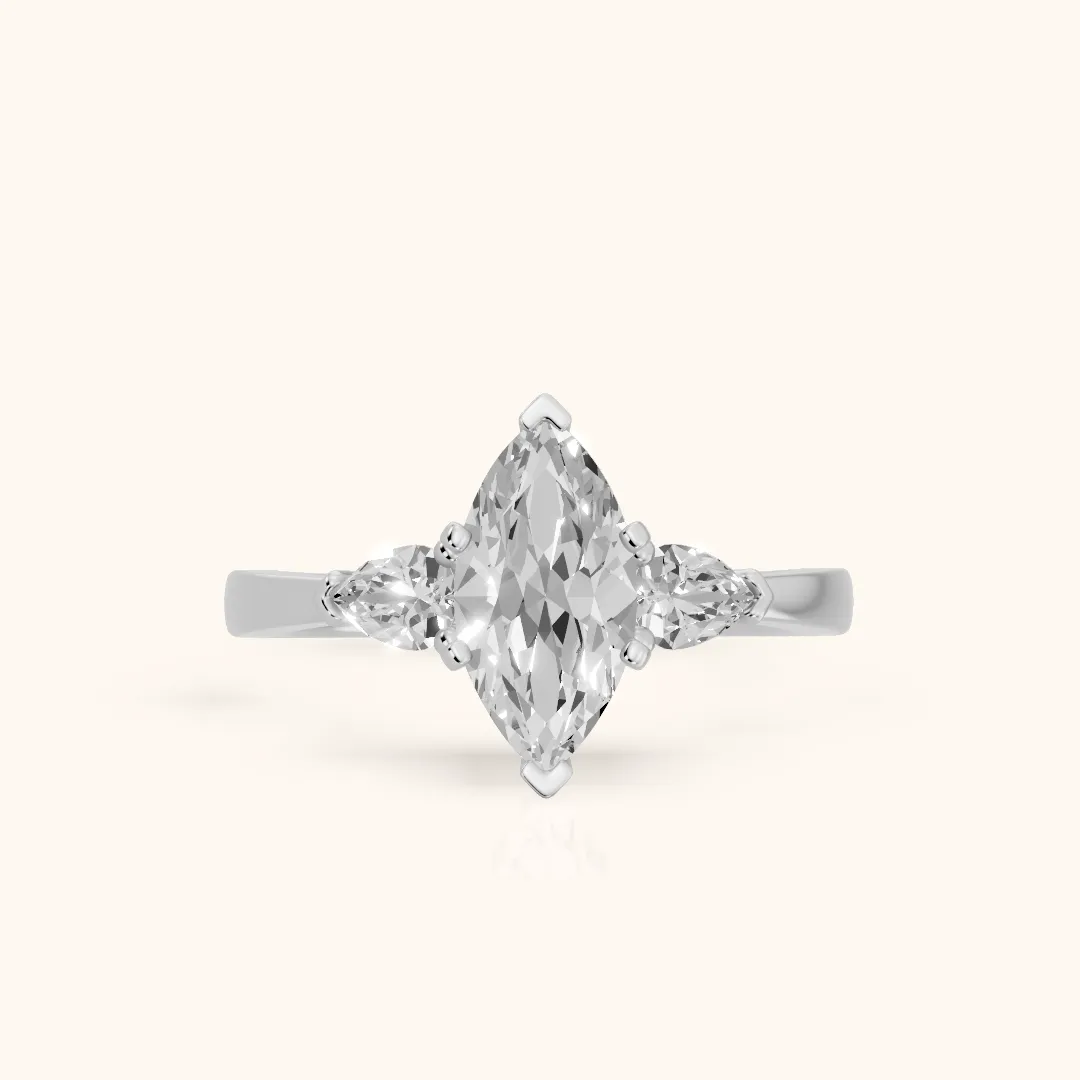 Amabel Three-Stone Marquise Diamond Engagement Ring in White Gold — view 2