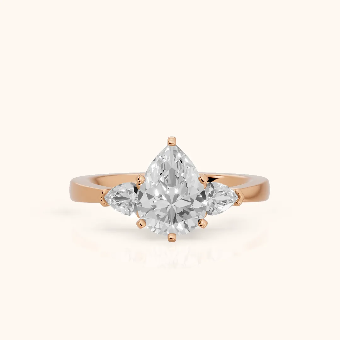 Amabel Three-Stone Pear Diamond Engagement Ring in Rose Gold — view 2