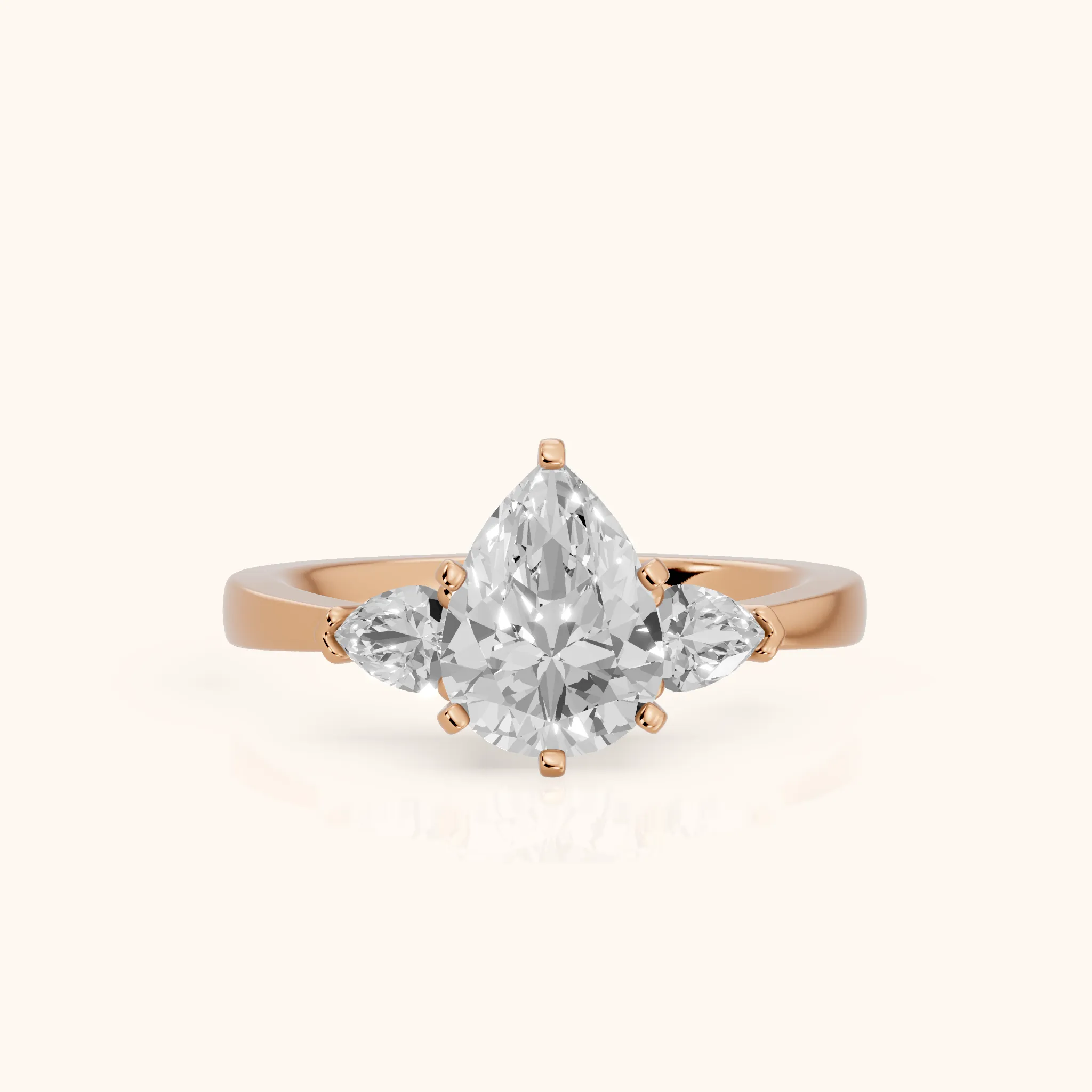 Amabel Three-Stone Pear Diamond Engagement Ring in Rose Gold — view 1