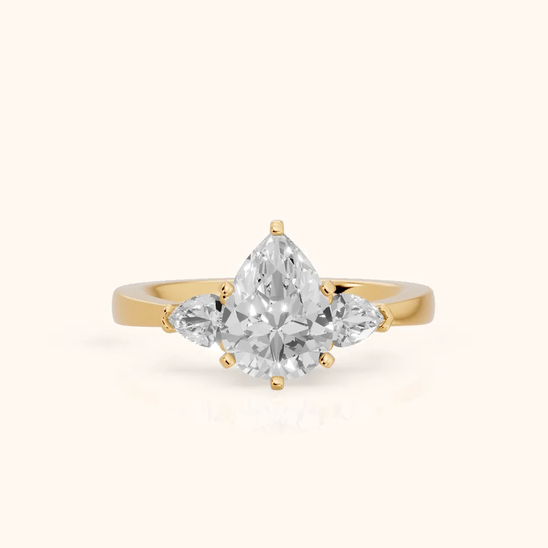 Amabel Three-Stone Pear Diamond Engagement Ring in Yellow Gold — view 2