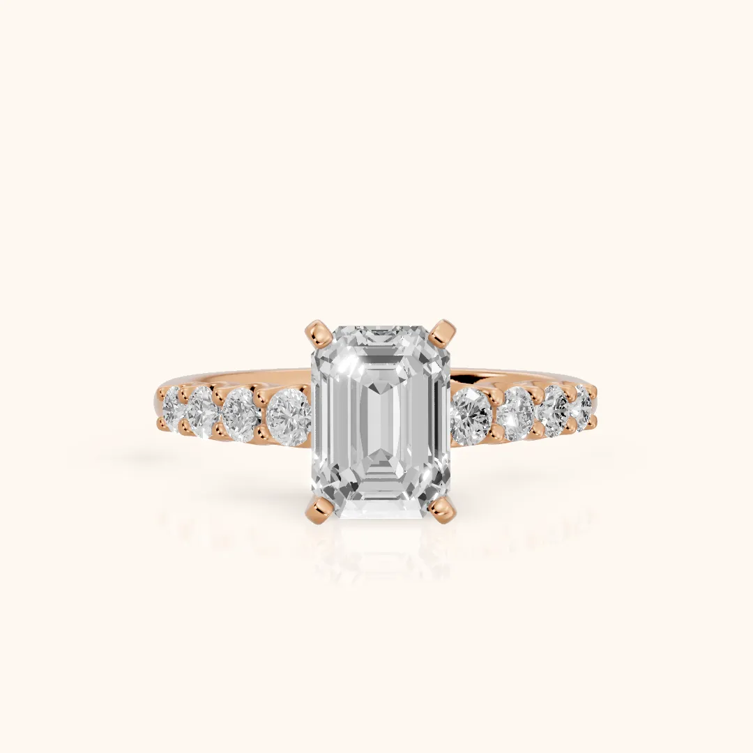 Augusta Graduated Pavé Emerald Diamond Engagement Ring in Rose Gold — view 2