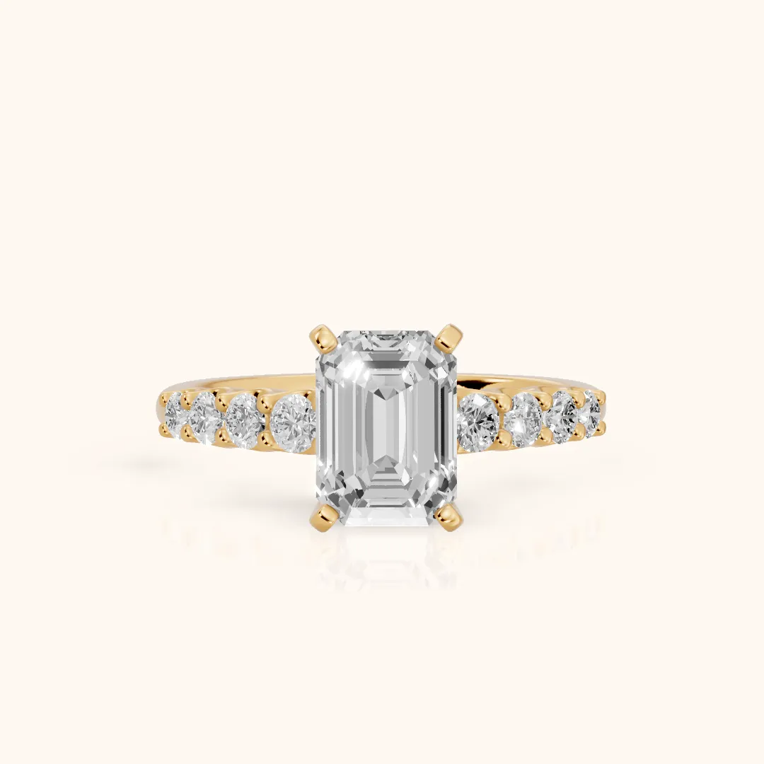 Augusta Graduated Pavé Emerald Diamond Engagement Ring in Yellow Gold — view 2