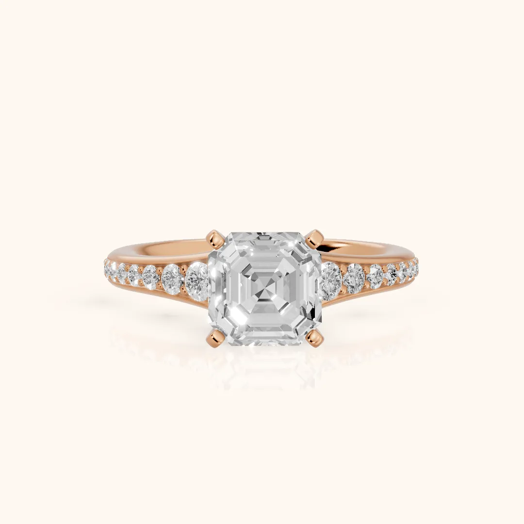 Calista Graduated Pavé Asscher Diamond Engagement Ring in Rose Gold — view 2