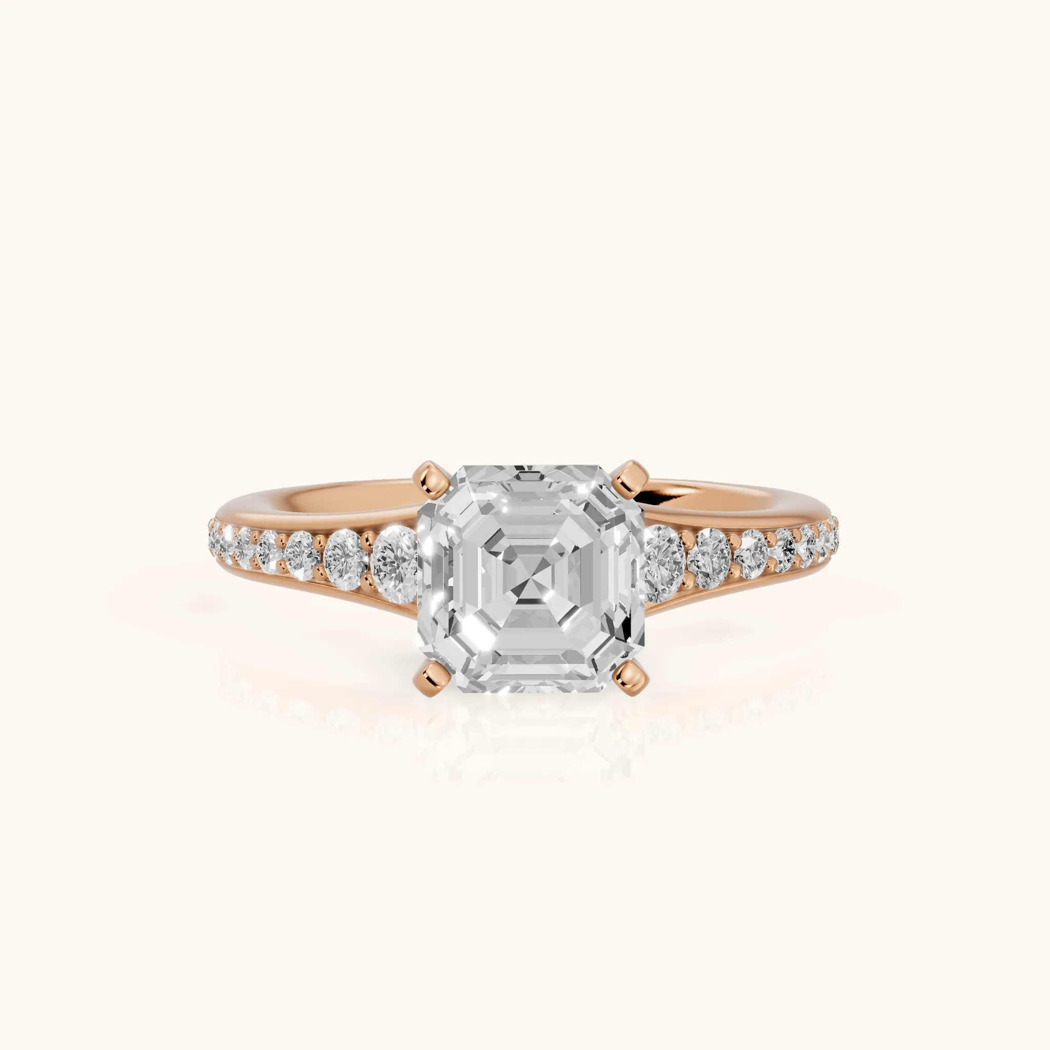 Calista Graduated Pavé Asscher Diamond Engagement Ring in Rose Gold — view 1